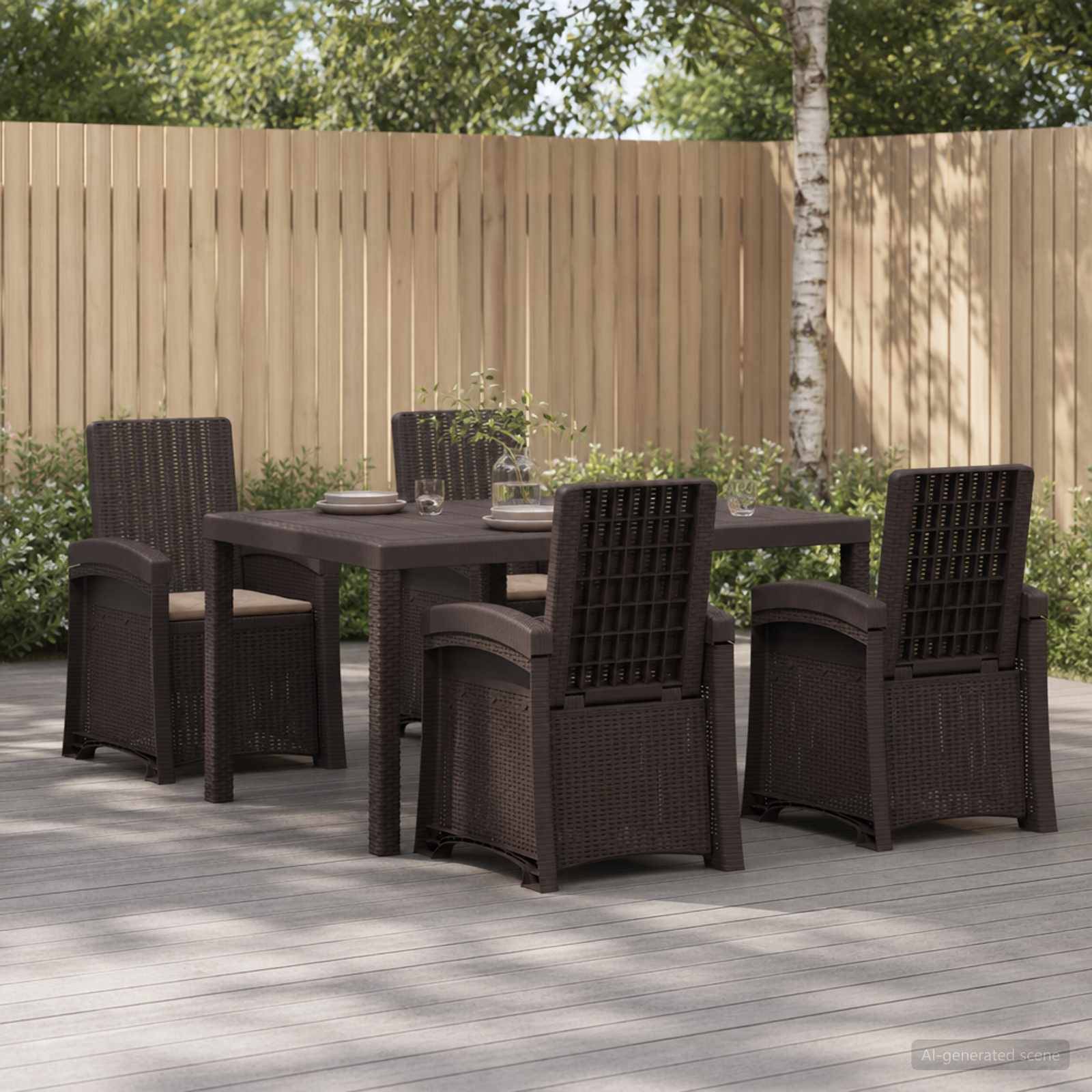 Esszimmerset für die Terrasse im Freien mit einem rechteckigen Tisch und vier geflochtenen Stühlen auf einer Holzterrasse in einem eingezäunten Hinterhof.