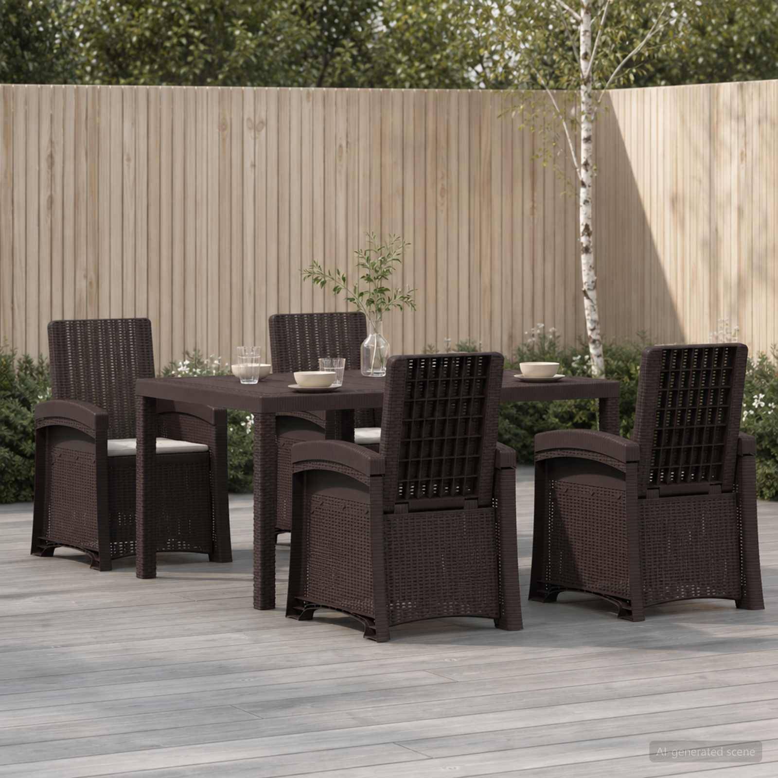Essbereich im Freien mit dunklem geflochtenem Tisch und Stühlen auf einer Holzterrasse, angebracht neben einem Zaun und einer Birke.