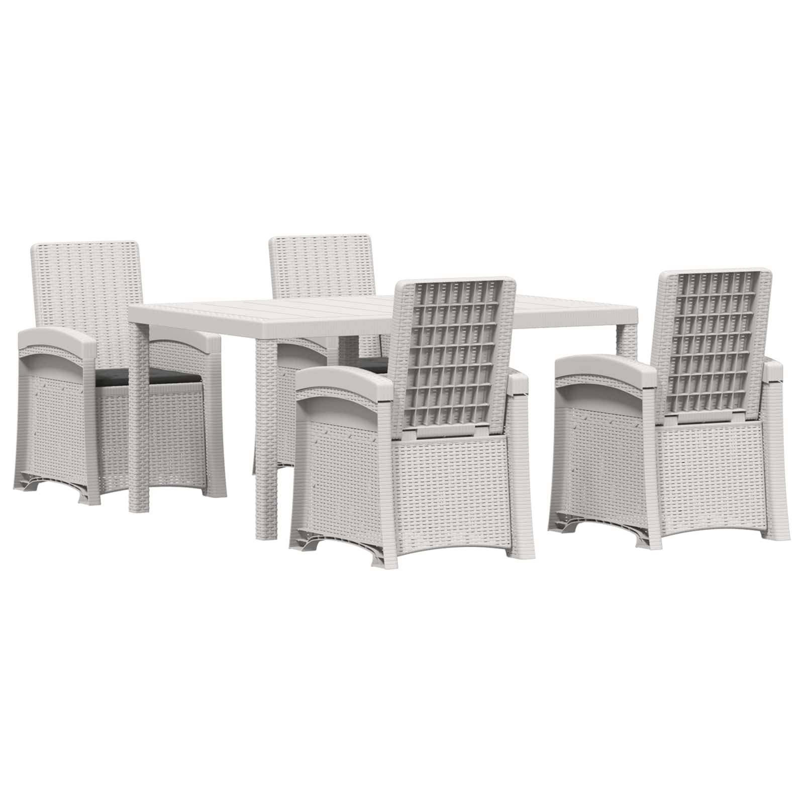 Weiße Außenspielgruppe mit rechteckigem Tisch und vier Stühlen im Flechtoptik-Design auf neutralem Hintergrund.