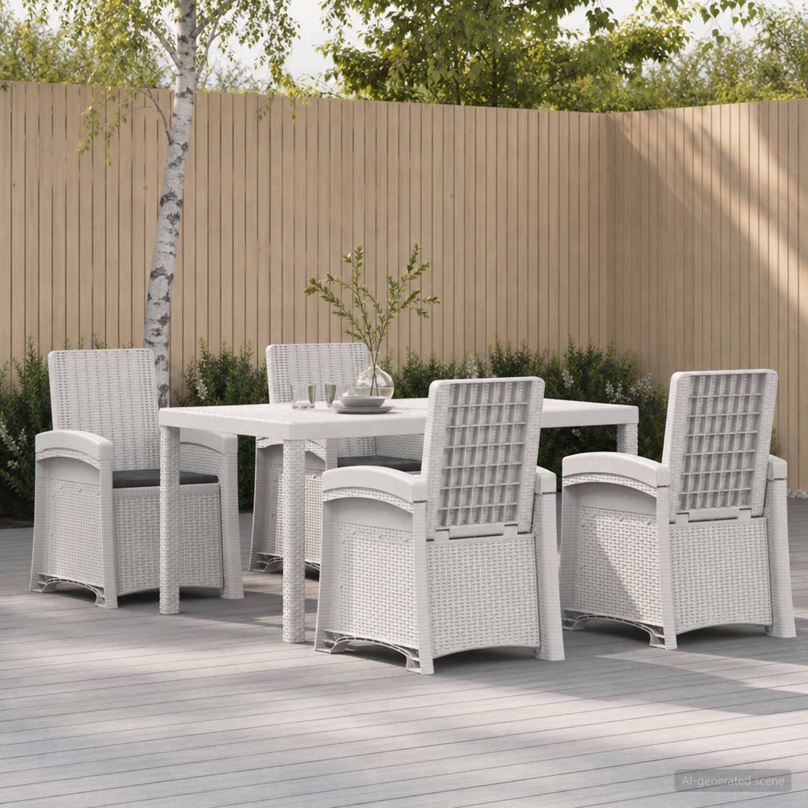 Sitzgruppe für die Terrasse im Freien mit weißem Rattantisch und vier Stühlen auf einer Holzterrasse neben einem Zaun und Grünflächen.