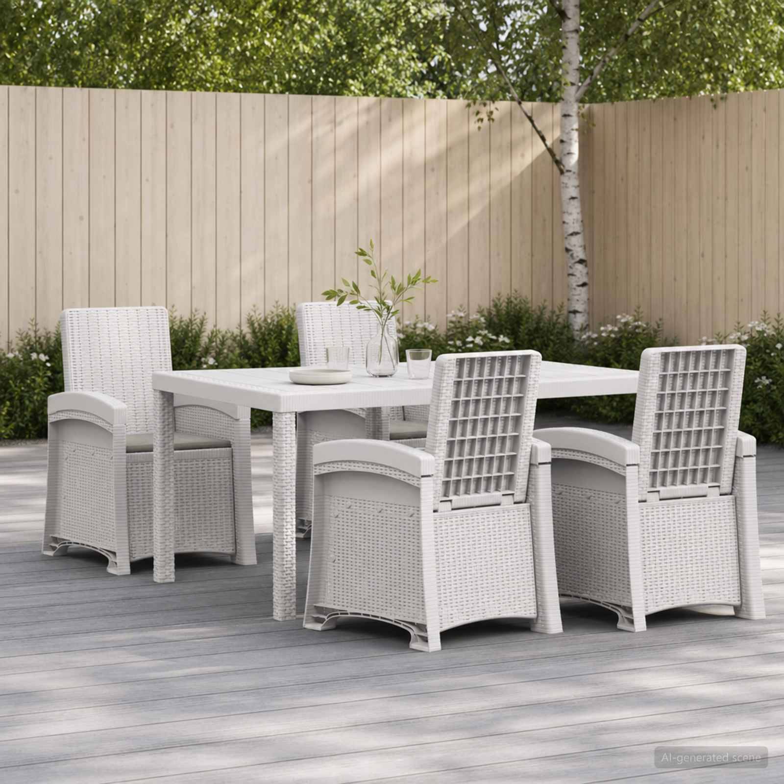 Esszimmer-Set für die Terrasse mit sechs weißen geflochtenen Stühlen um einen rechteckigen Tisch auf einer grauen Terrasse, neben einem Holzzaun und Bäumen.