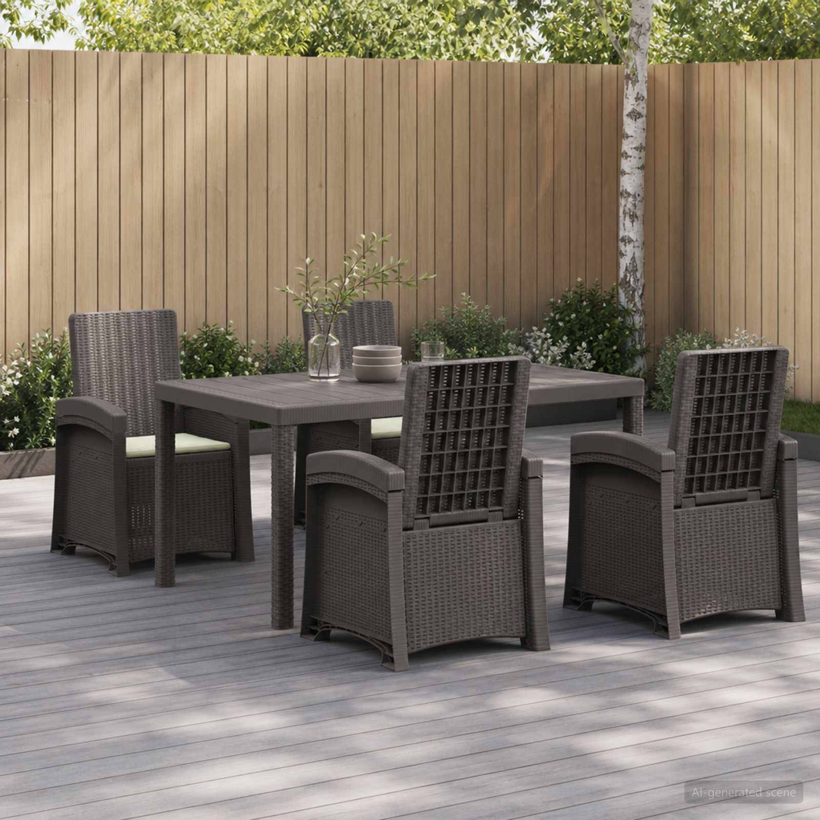 Essbereich im Freien mit einem dunklen Tisch und vier Stühlen im Korbgeflecht-Stil auf einer Holzterrasse, mit einem Sichtschutzzaun und Bäumen im Hintergrund.