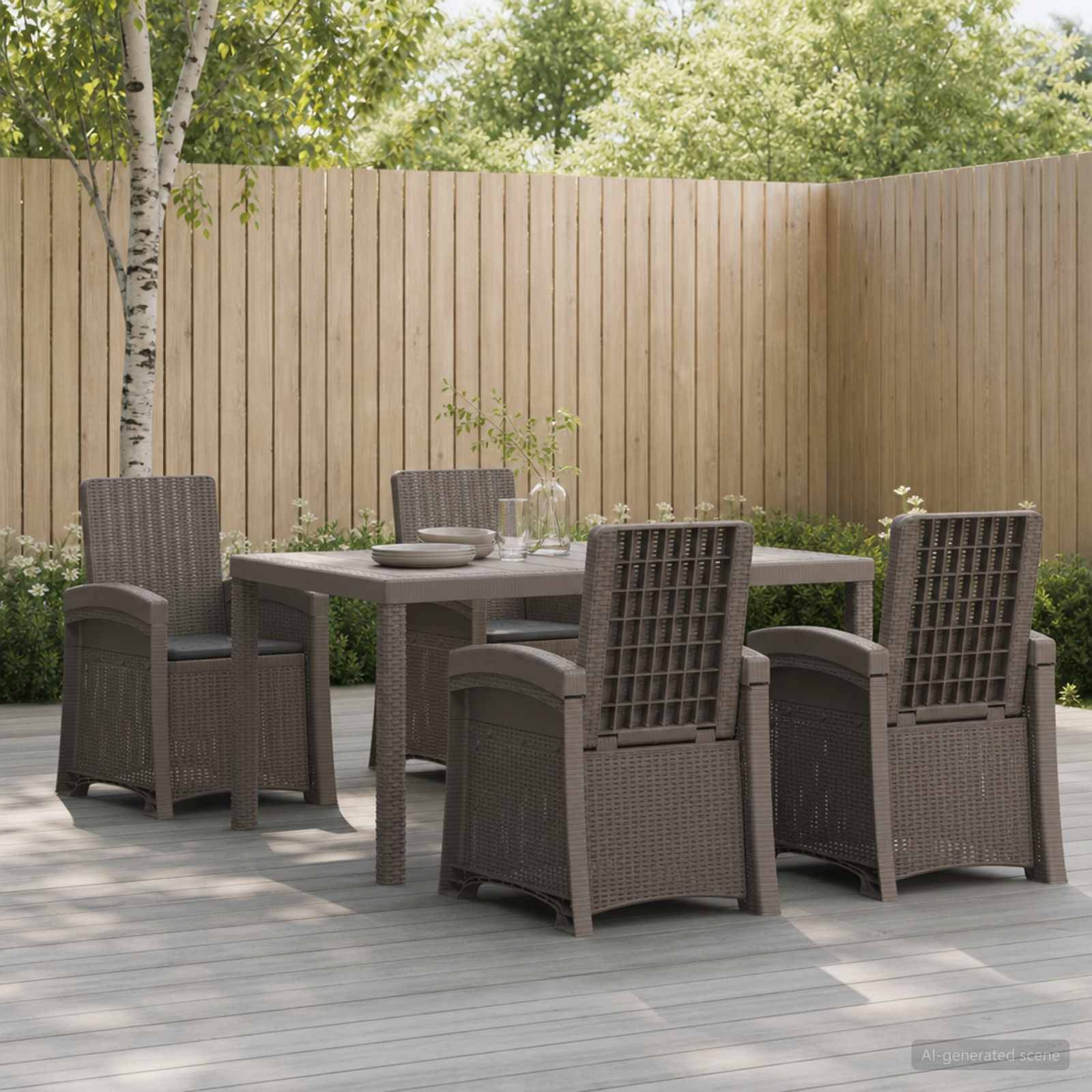Outdoor-Essbereich mit vier Korbstühlen um einen rechteckigen Tisch auf einer Terrasse, vor einem Holz-Sichtschutzzaun und Bäumen.