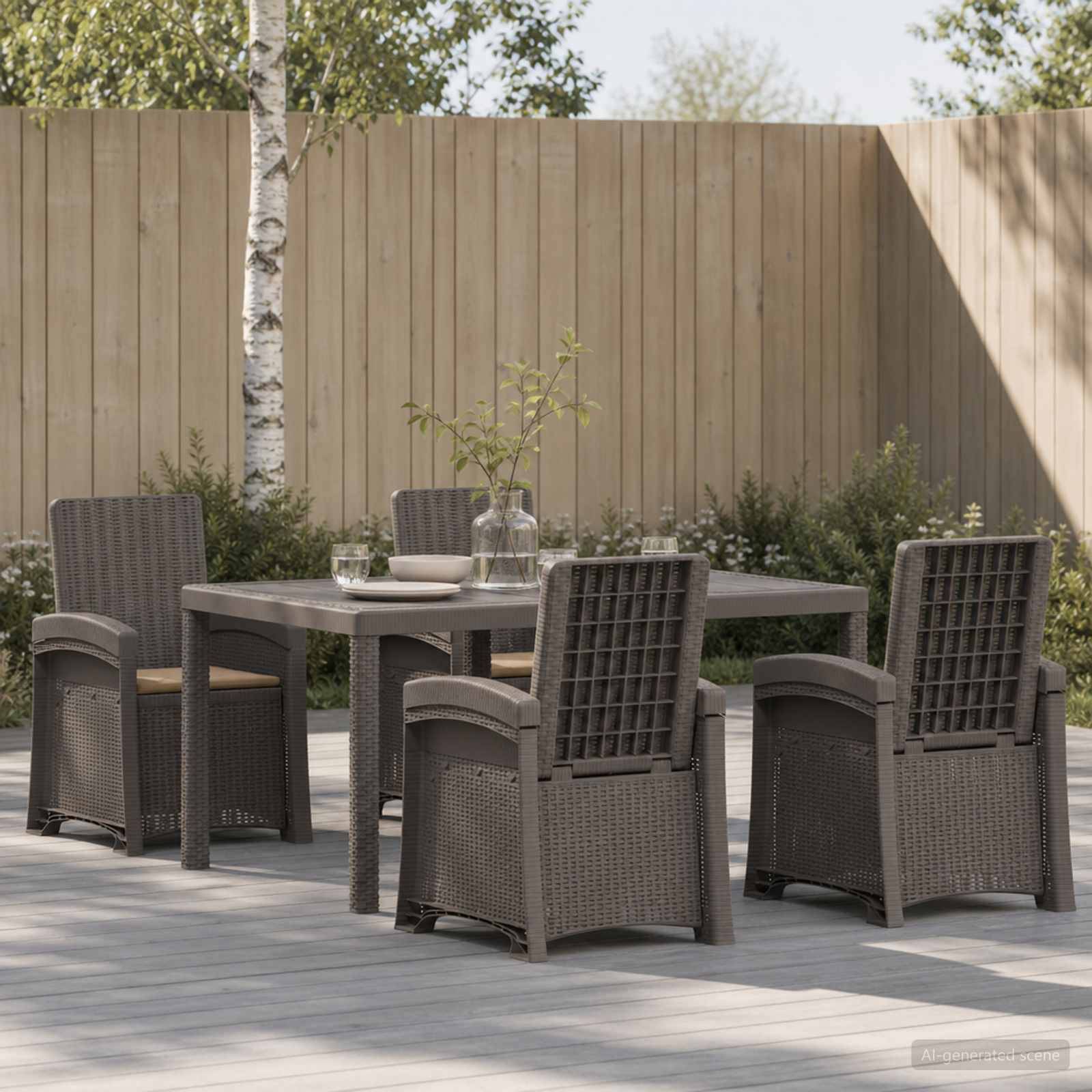 Essbereich auf der Terrasse im Freien mit vier geflochtenen Stühlen um einen rechteckigen Tisch, aufgestellt auf einer Holzterrasse neben einem Sichtschutz und Pflanzen.