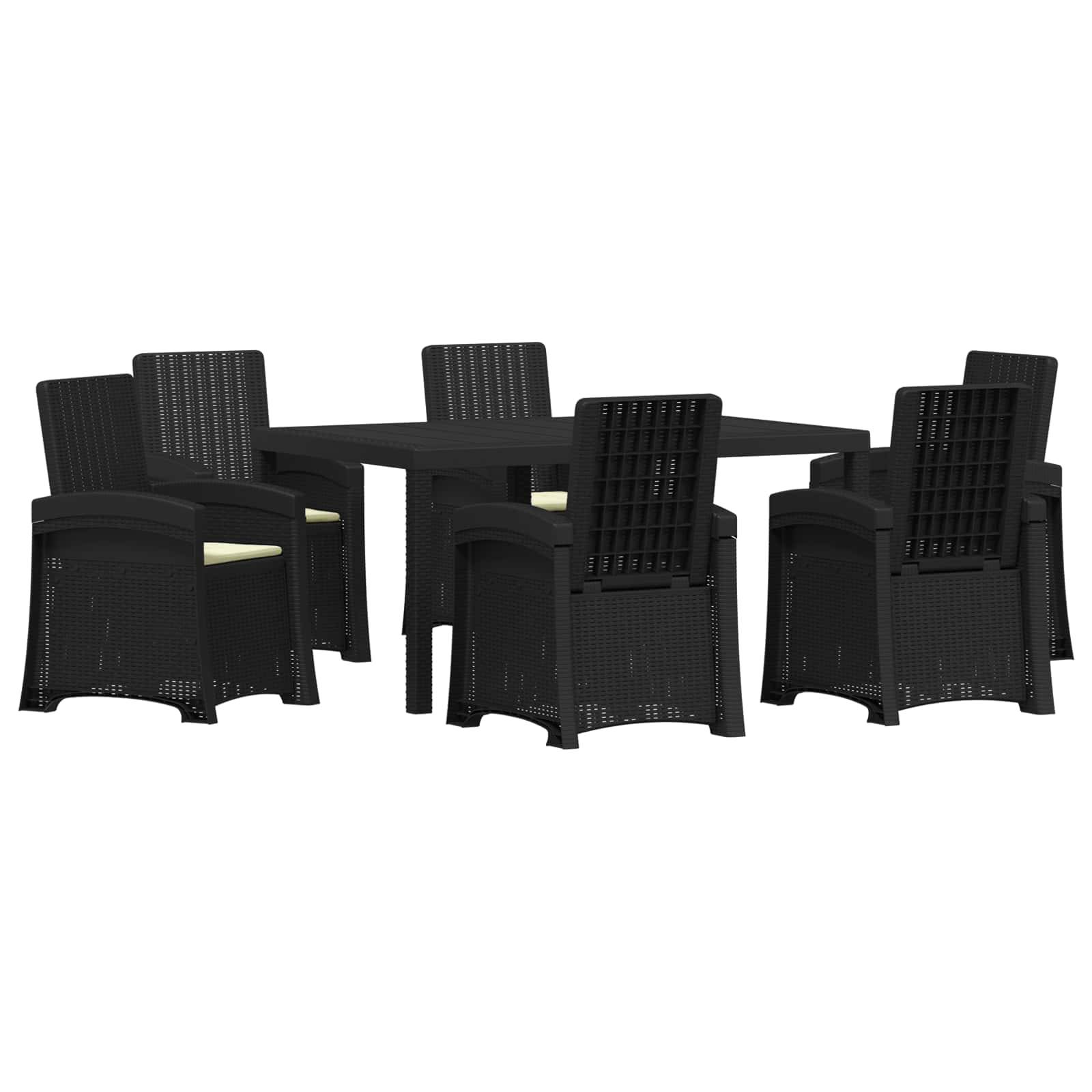 Gartenmöbel-Set für die Terrasse mit rechteckigem Tisch und sechs schwarzen geflochtenen Stühlen auf weißem Hintergrund.