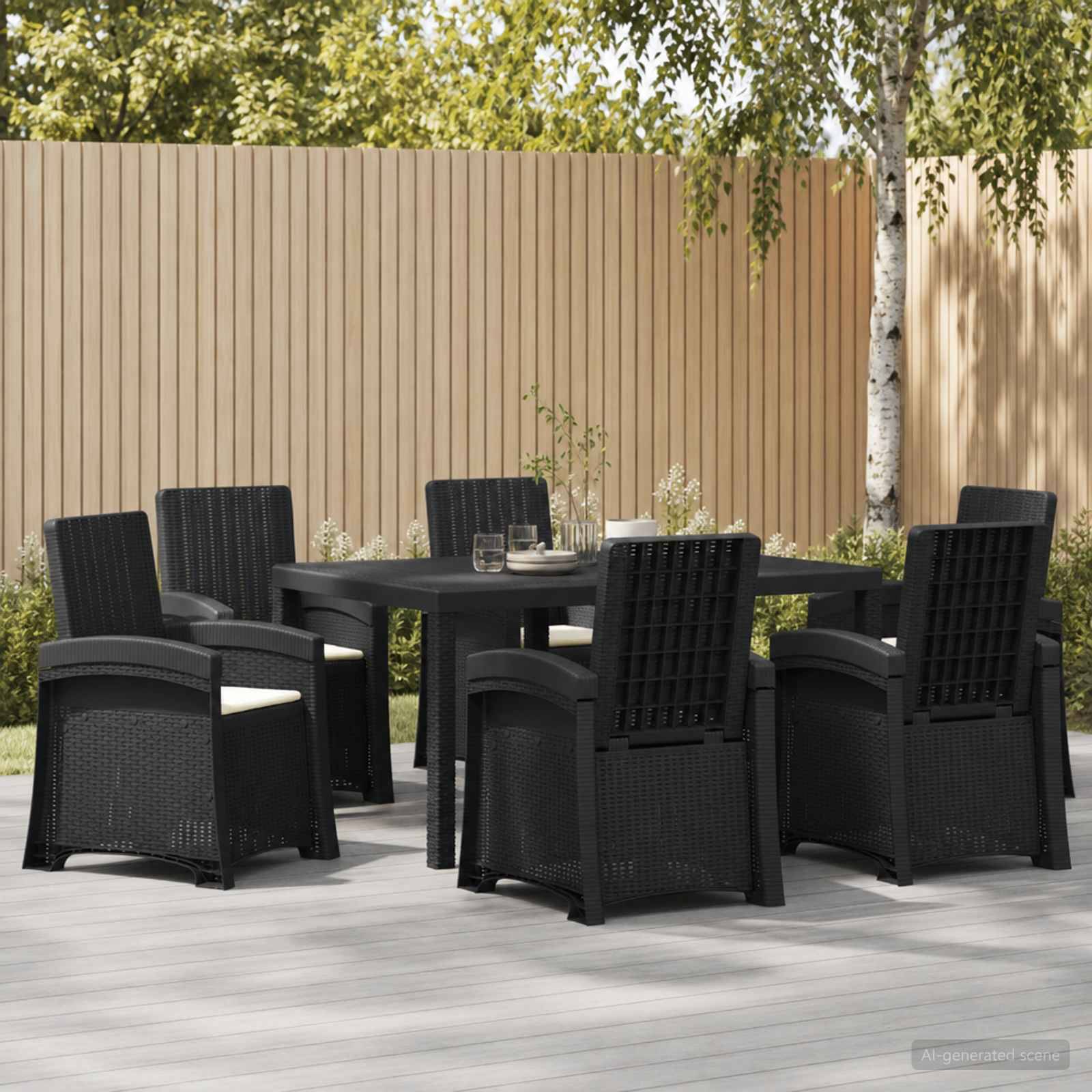Esszimmerset für den Außenbereich mit sechs schwarzen Rattanstühlen um einen quadratischen Tisch auf einer Holzterrasse, neben einem Zaun und Bäumen.
