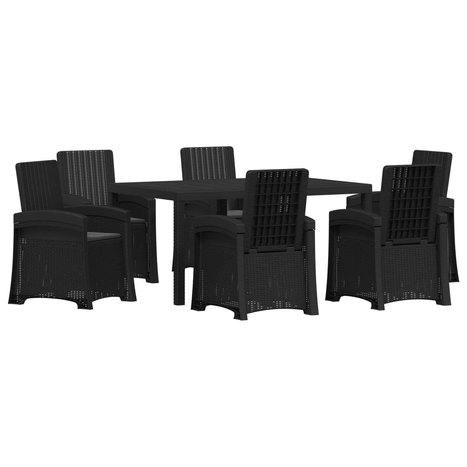 Schwarzes Esszimmer-Set für den Außenbereich mit sechs Stühlen im Flechtstil um einen rechteckigen Tisch auf weißem Hintergrund.