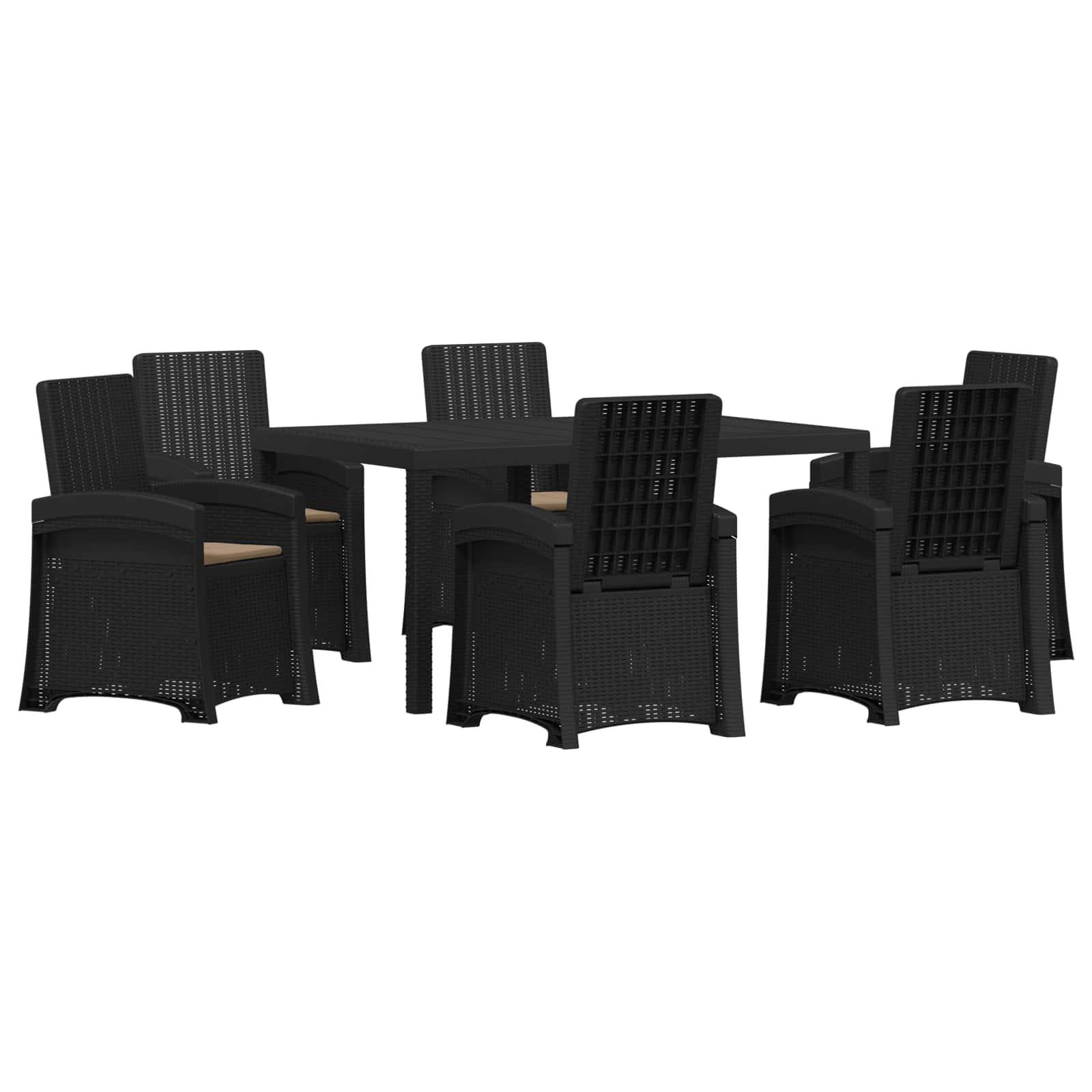 Schwarzes gewebtes Terrassenspeiseset mit sechs Stühlen um einen rechteckigen Tisch auf weißem Hintergrund.