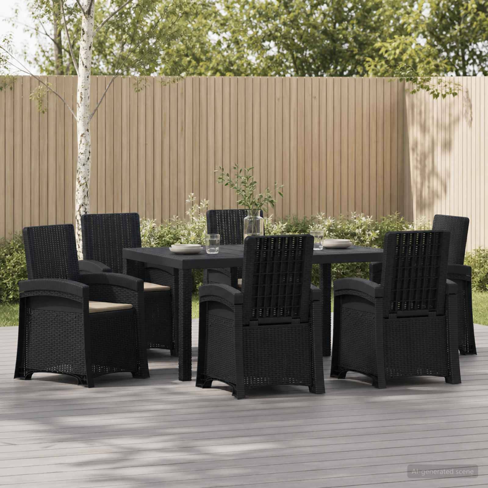 Outdoor-Essbereich mit sechs schwarzen geflochtenen Stühlen um einen dunklen Tisch auf einer Holzterrasse in einem eingezäunten Hinterhof.