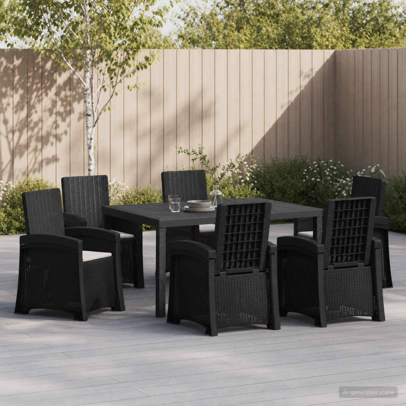 Outdoor-Gartenmöbelset mit schwarzem Tisch und sechs Stühlen auf einer gepflasterten Terrasse, neben einem Holzzaun und Grünflächen.