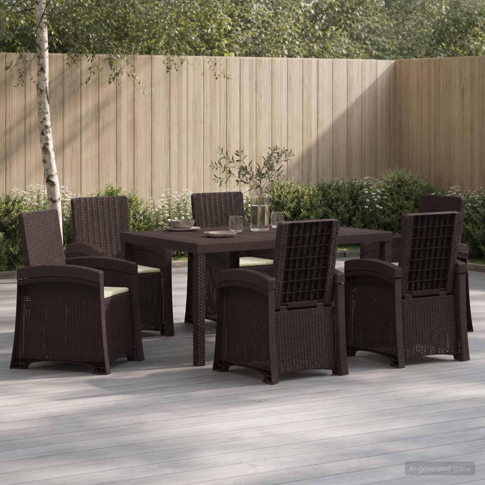 Esszimmer-Set für die Terrasse mit sechs dunklen Rattanstühlen um einen quadratischen Tisch auf einer Holzterrasse, im Hintergrund ein Holzzaun und Grünflächen.