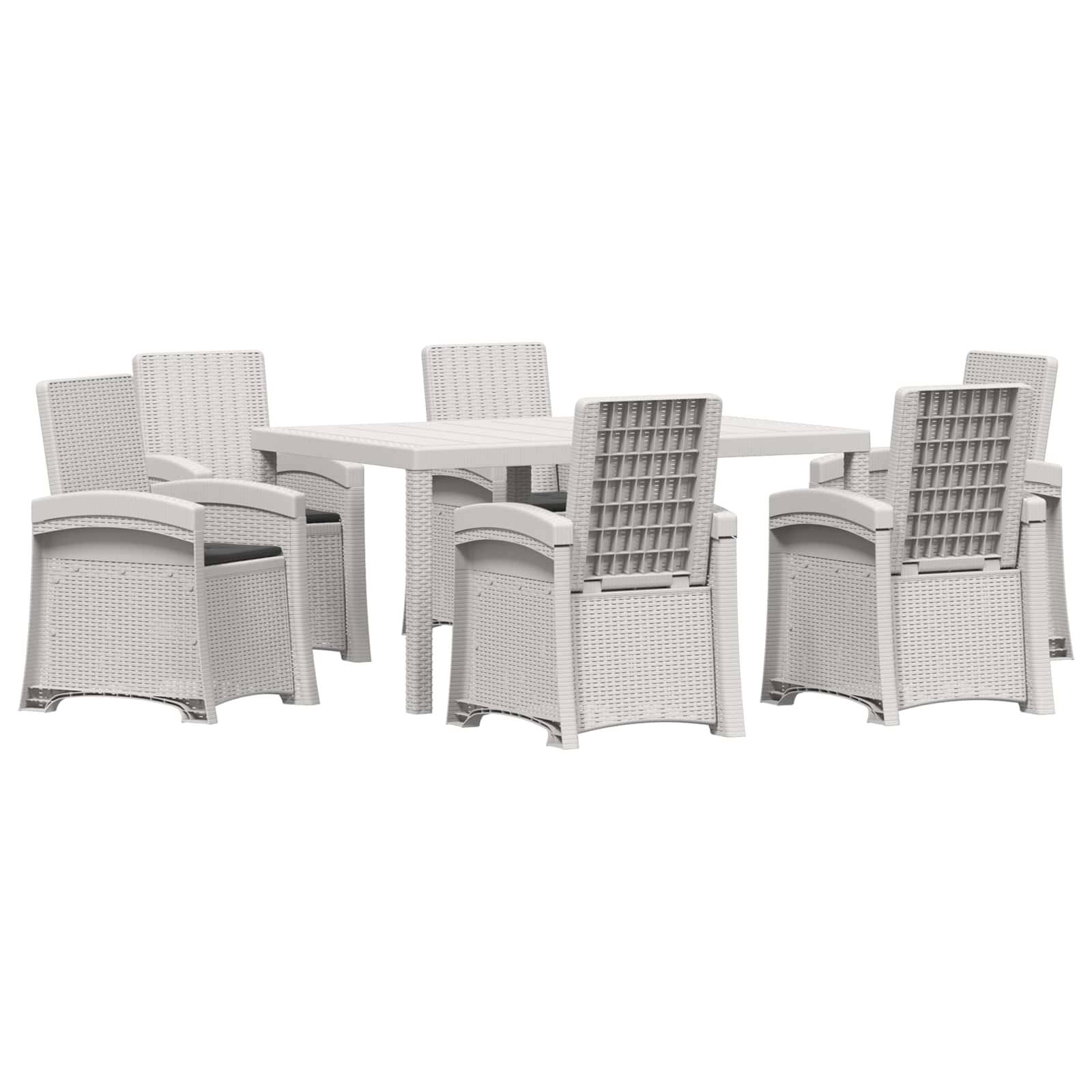 Weiße Outdoor-Terrassenmöbel mit einem rechteckigen Tisch und sechs Sesseln mit Flechtoptik, vor weißem Hintergrund dargestellt.
