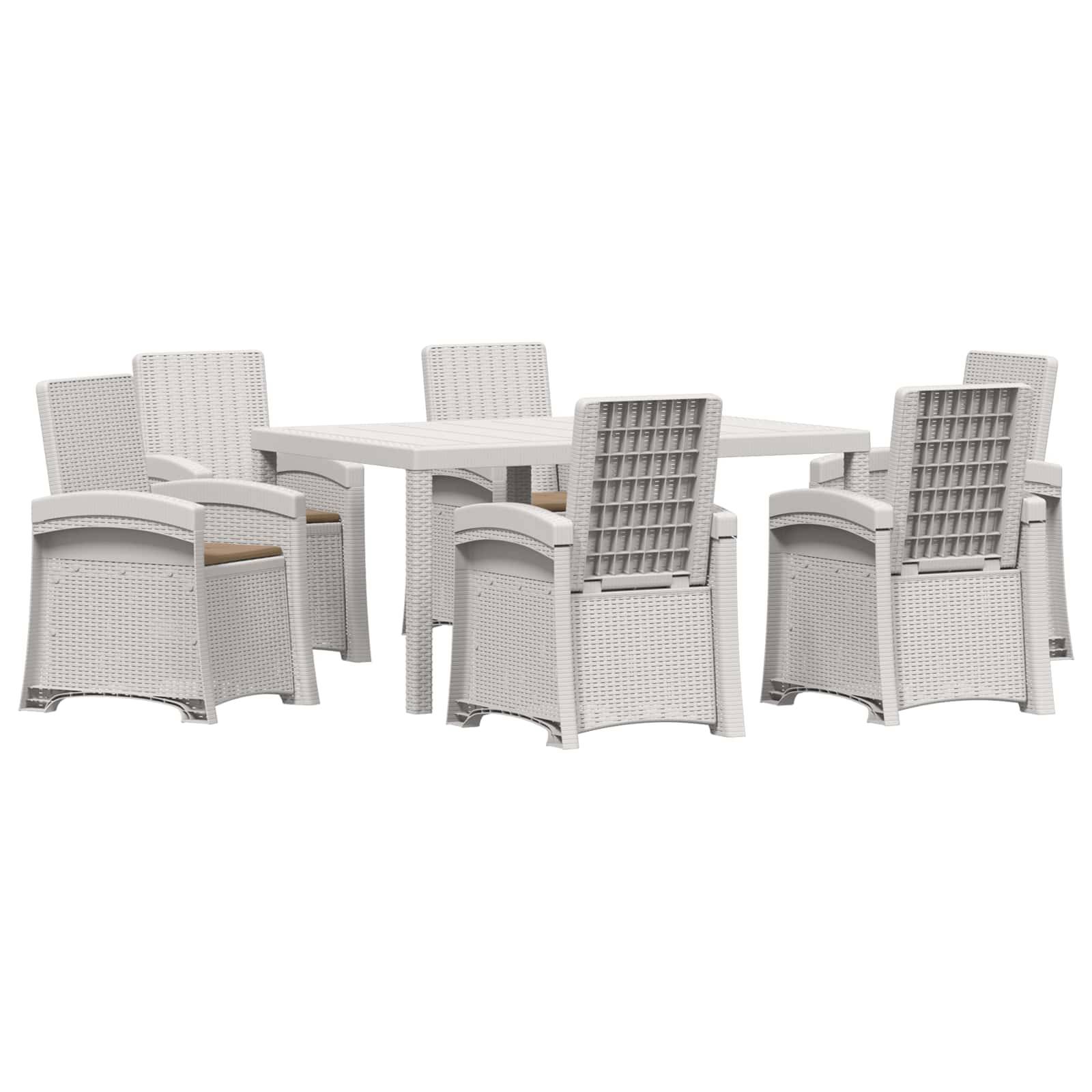 Sechs weiße Esszimmerstühle im Korbgeflecht-Stil um einen rechteckigen Tisch auf weißem Hintergrund, aus mehreren Blickwinkeln gezeigt, um das Set zu präsentieren.