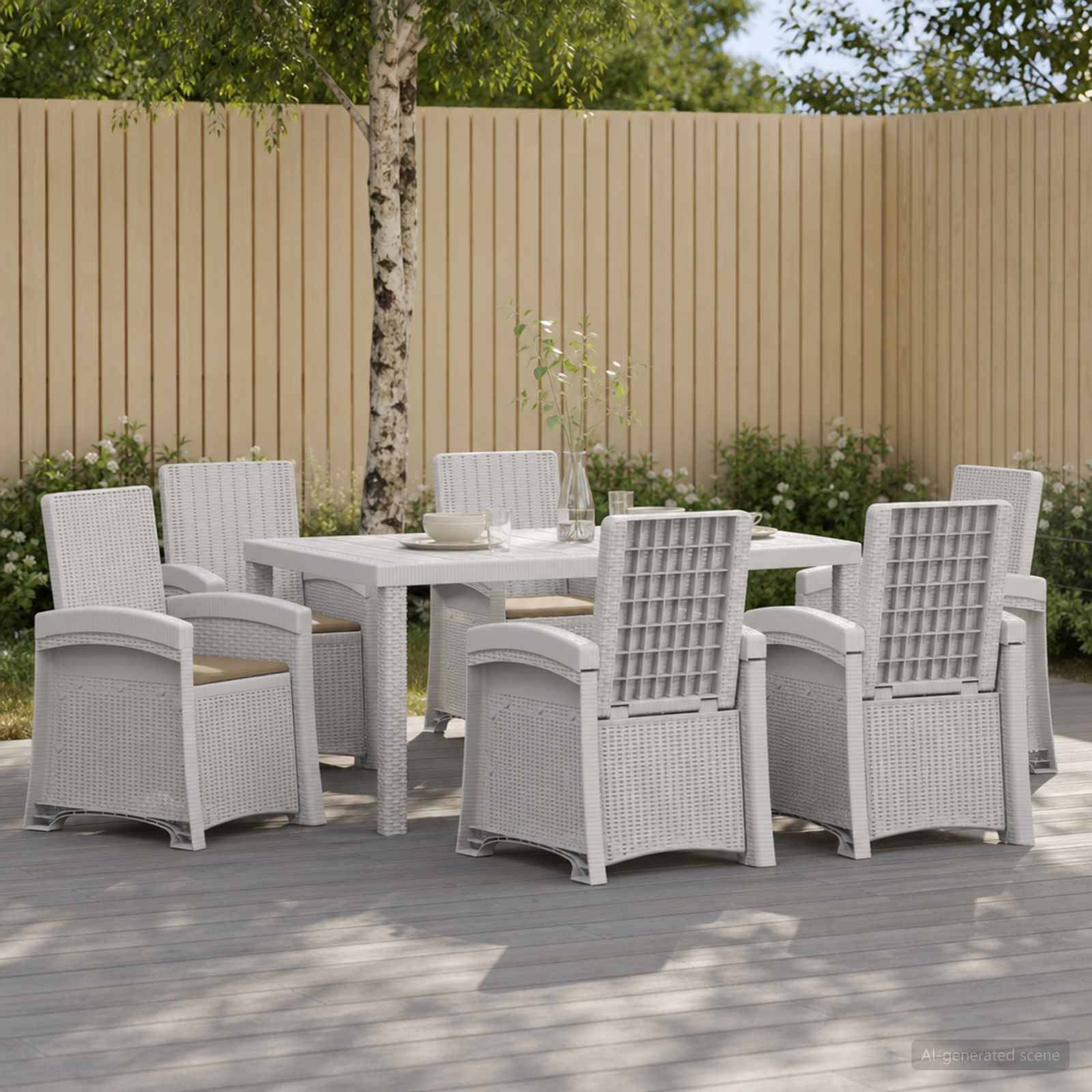 Outdoor-Speiseset mit sechs weißen Korbstühlen um einen rechteckigen Tisch auf einer Holzterrasse, mit Zaun und Bäumen im Hintergrund.