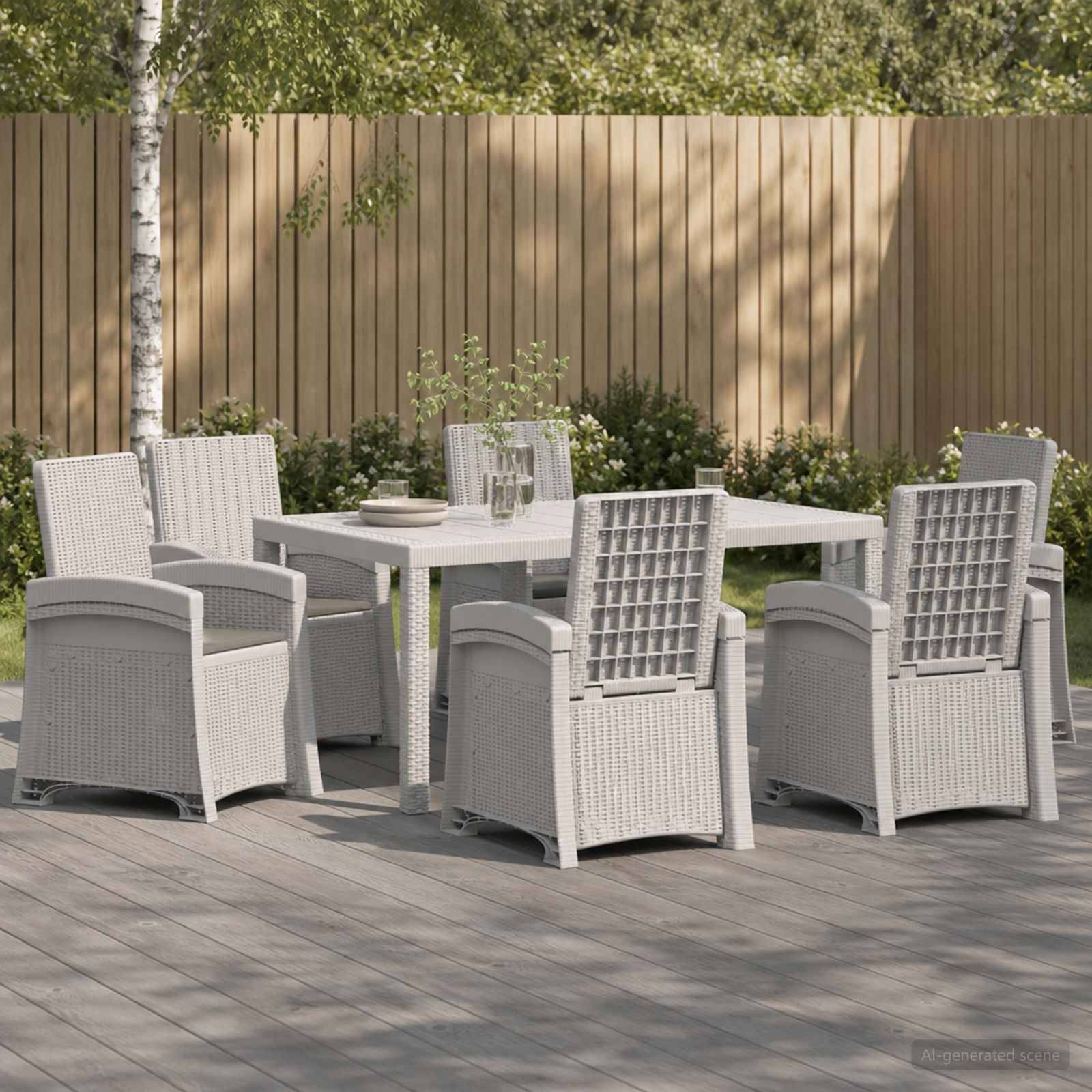 Outdoor-Essplatz mit sechs hellgrauen Korbstühlen um einen quadratischen Tisch auf einer Holzterrasse, vor einem Zaun und Grünanlagen aufgestellt.