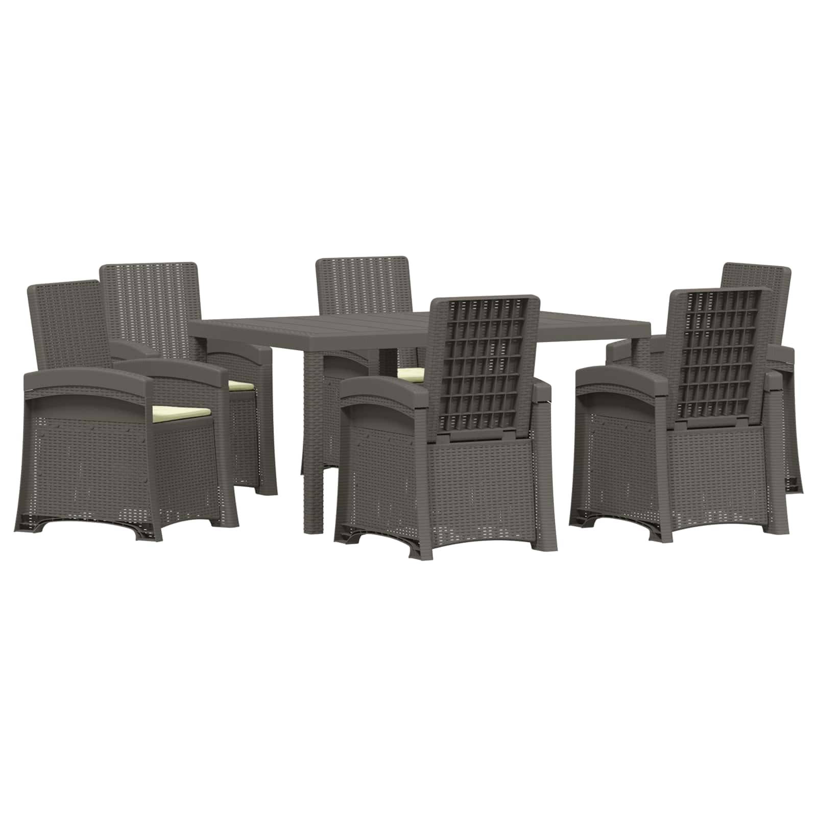 Dunkles Rattan-Gartenmöbel-Set mit rechteckigem Tisch und sechs passenden Stühlen auf weißem Hintergrund.
