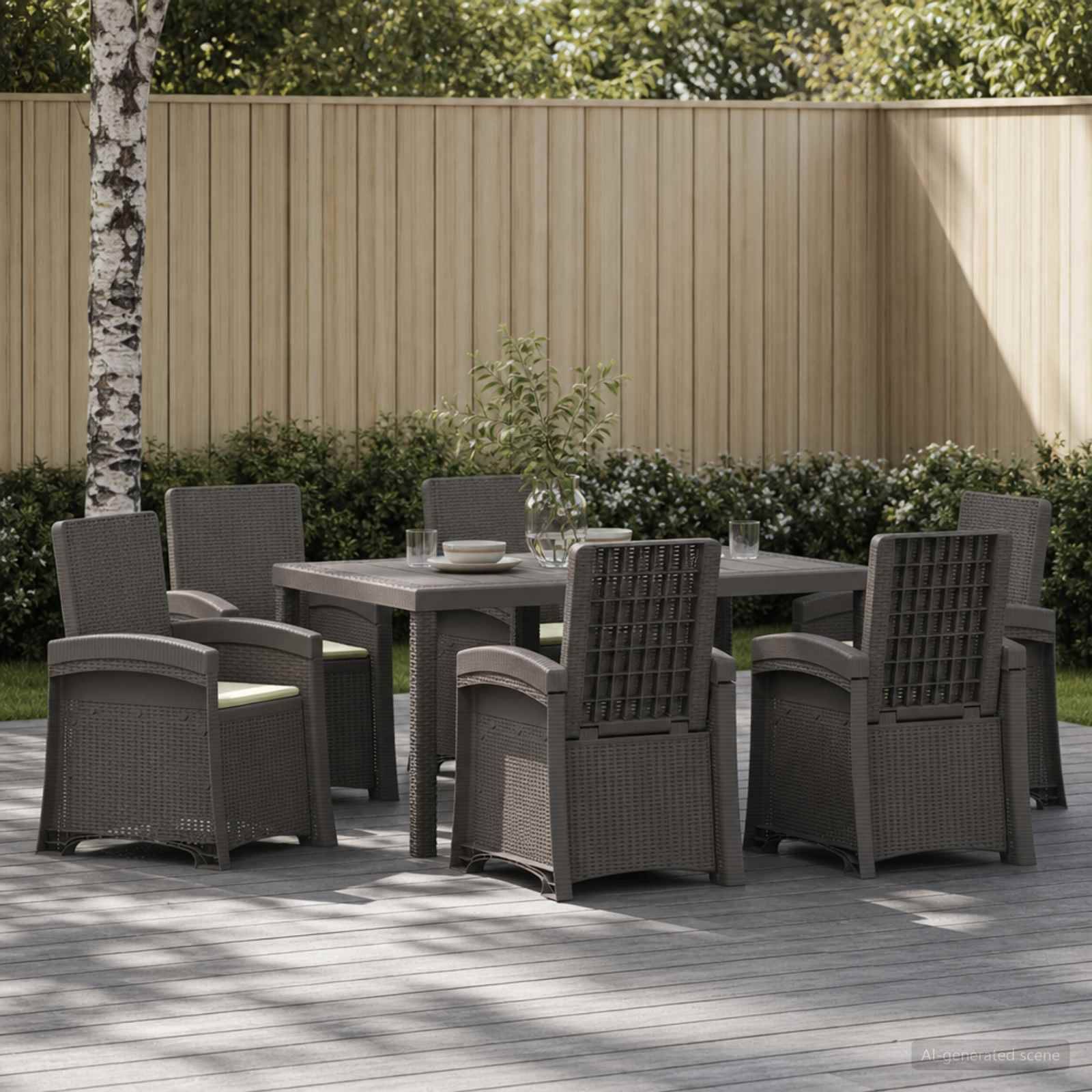 Esszimmer-Garnitur für die Terrasse mit sechs geflochtenen Stühlen um einen quadratischen Tisch auf einer Holzterrasse, neben einem Zaun und grünem Bewuchs.