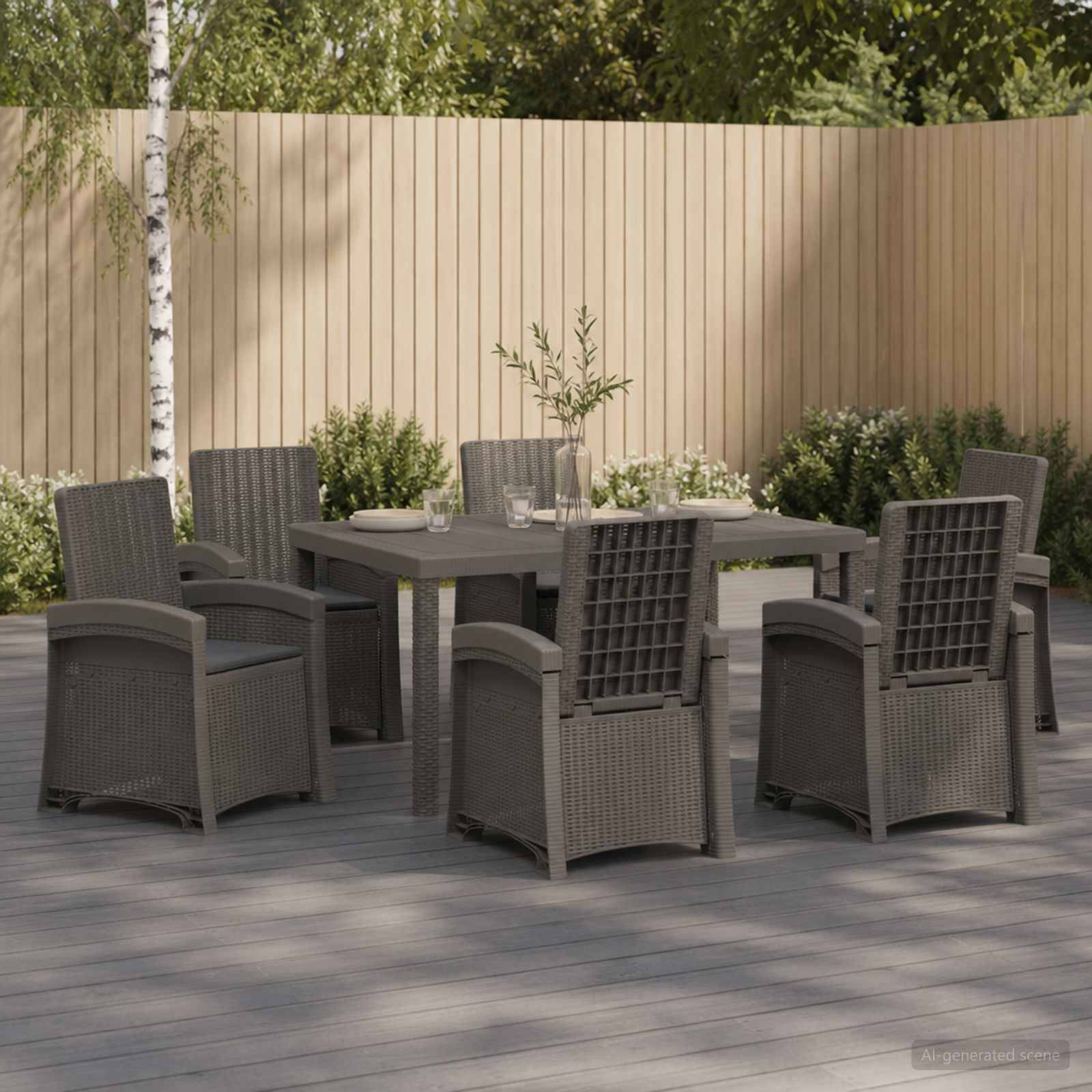 Outdoor-Terrassenessgruppe mit sechs grauen Korbstühlen um einen quadratischen Tisch auf einer Holzterrasse, vor einem eingezäunten Gartenhintergrund.