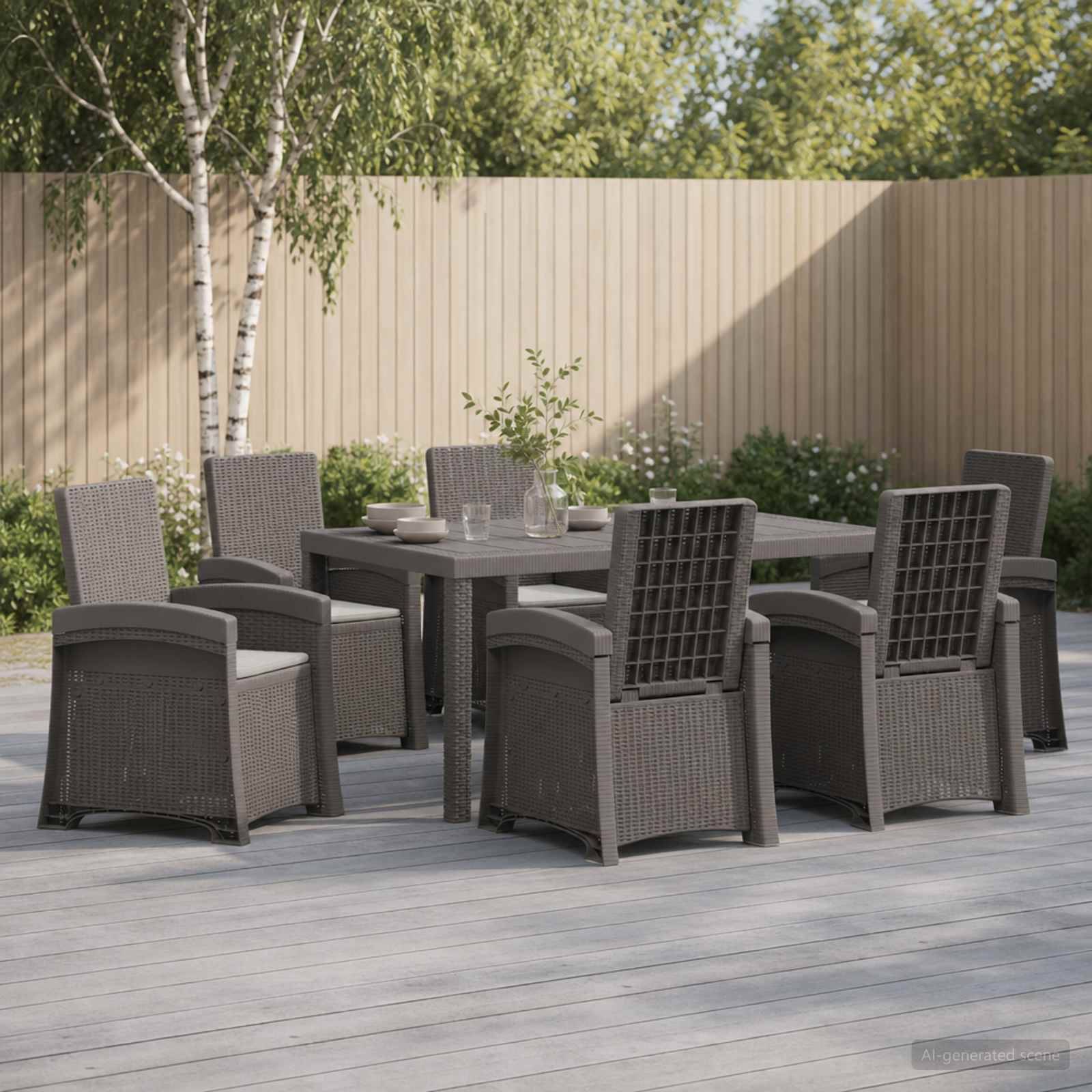 Esszimmer-Set für den Außenbereich mit sechs Stühlen im Korbgeflecht-Stil um einen quadratischen Tisch auf einer Holzterrasse, vor einem Sichtschutzz zaun und Bäumen.