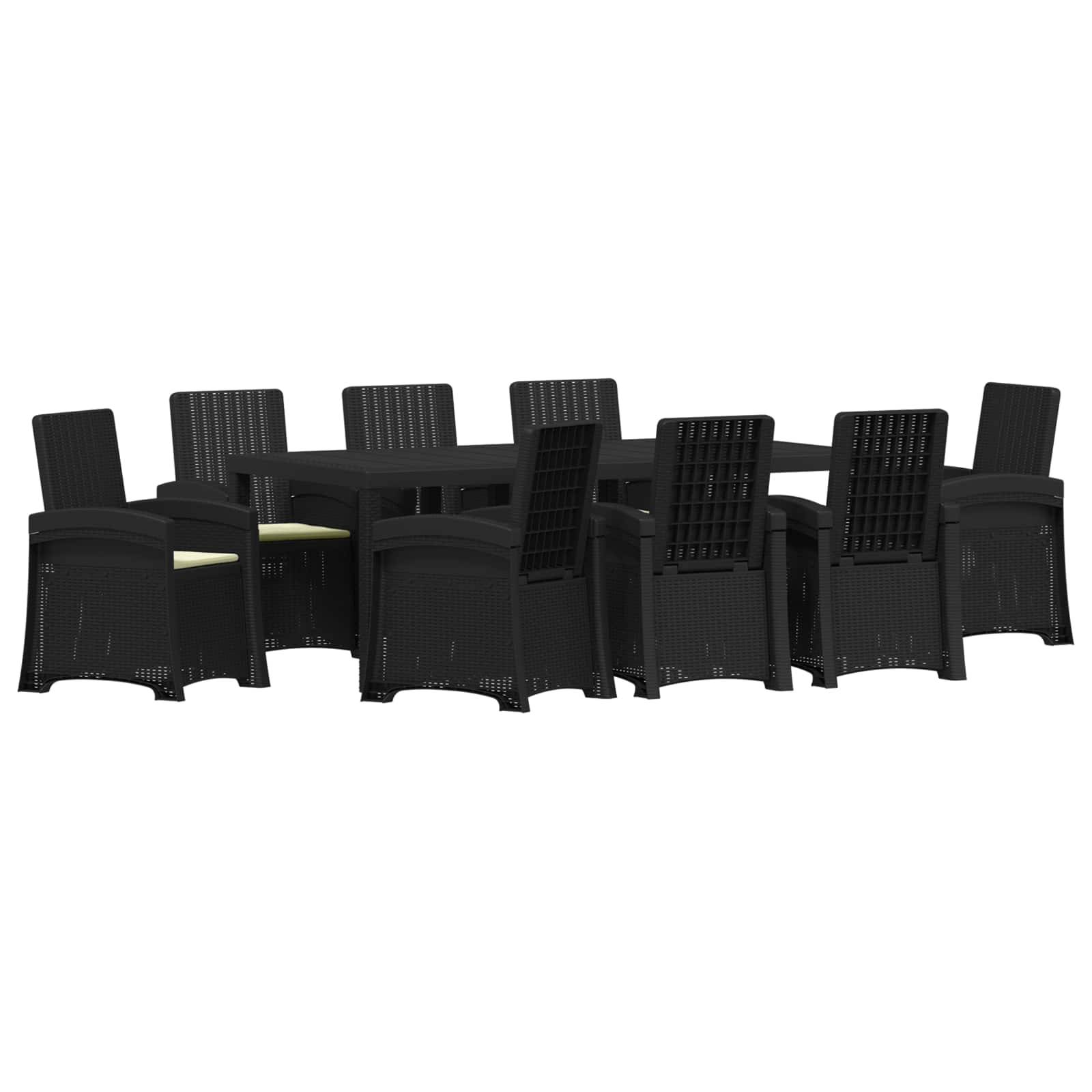 Schwarzes Gartenmöbel-Set mit einem rechteckigen Tisch, umgeben von mehreren Flechtststühlen auf weißem Hintergrund.
