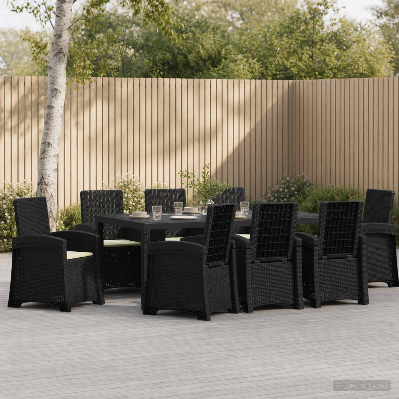 Esszimmer-Set für die Terrasse im Freien mit acht schwarzen geflochtenen Stühlen um einen runden Tisch, auf einer gepflasterten Terrasse neben einem Holzzaun und Bäumen.