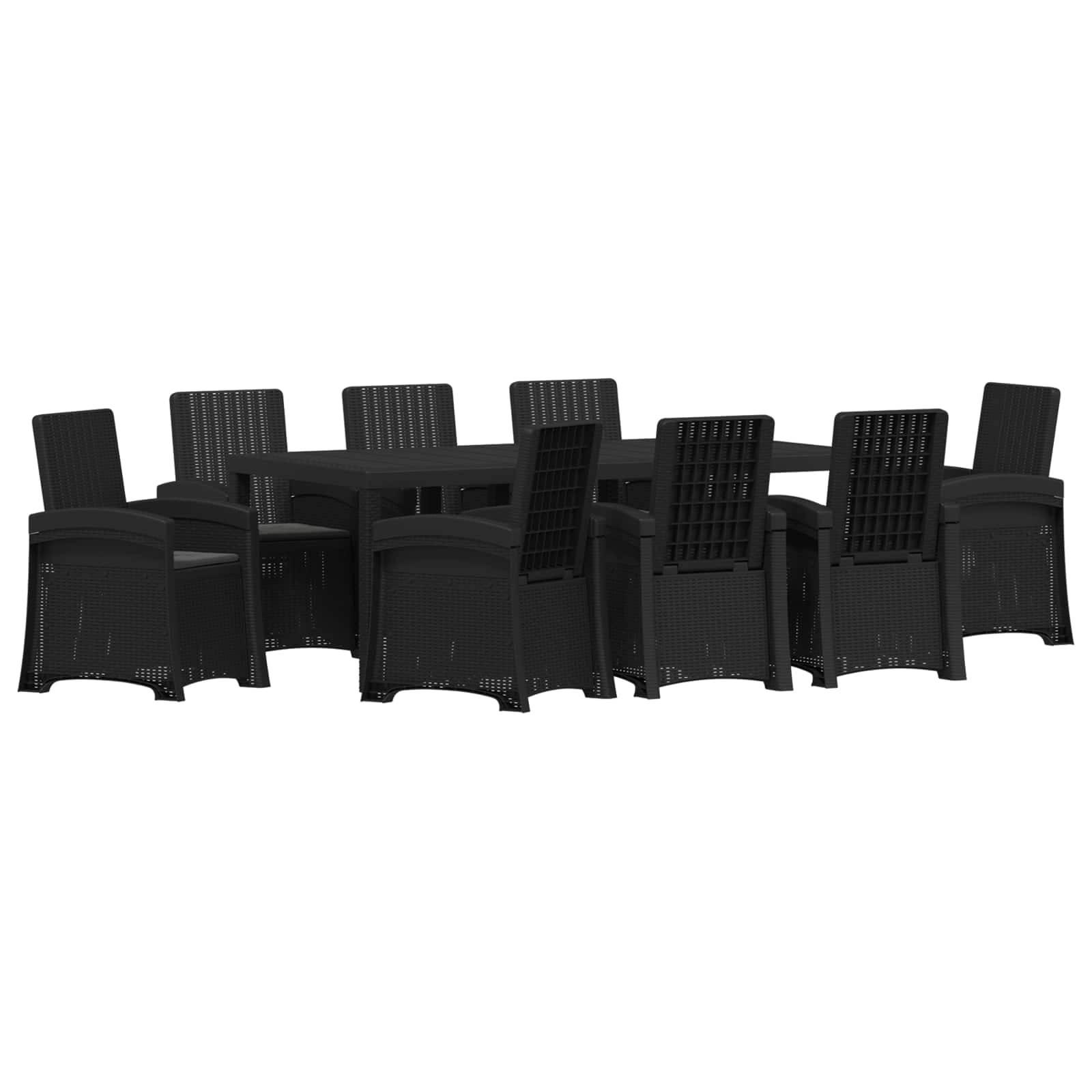 Schwarzes Outdoor-Esszimmer-Set mit einem rechteckigen Tisch und mehreren passenden Stühlen, die auf weißem Hintergrund darum angeordnet sind.