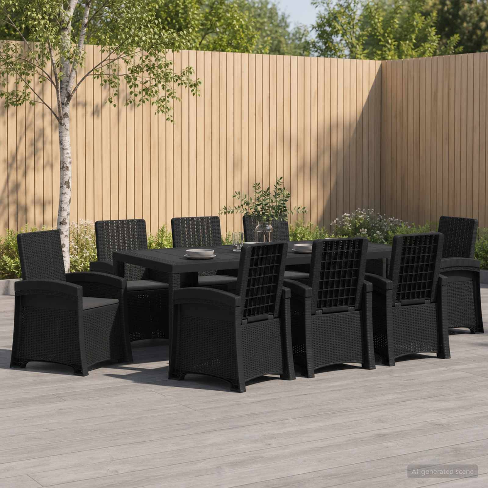 Esszimmer-Gartenmöbel im Freien mit schwarzen Stühlen um einen rechteckigen Tisch auf einer gepflasterten Terrasse, neben einem Holzzaun und Bäumen.