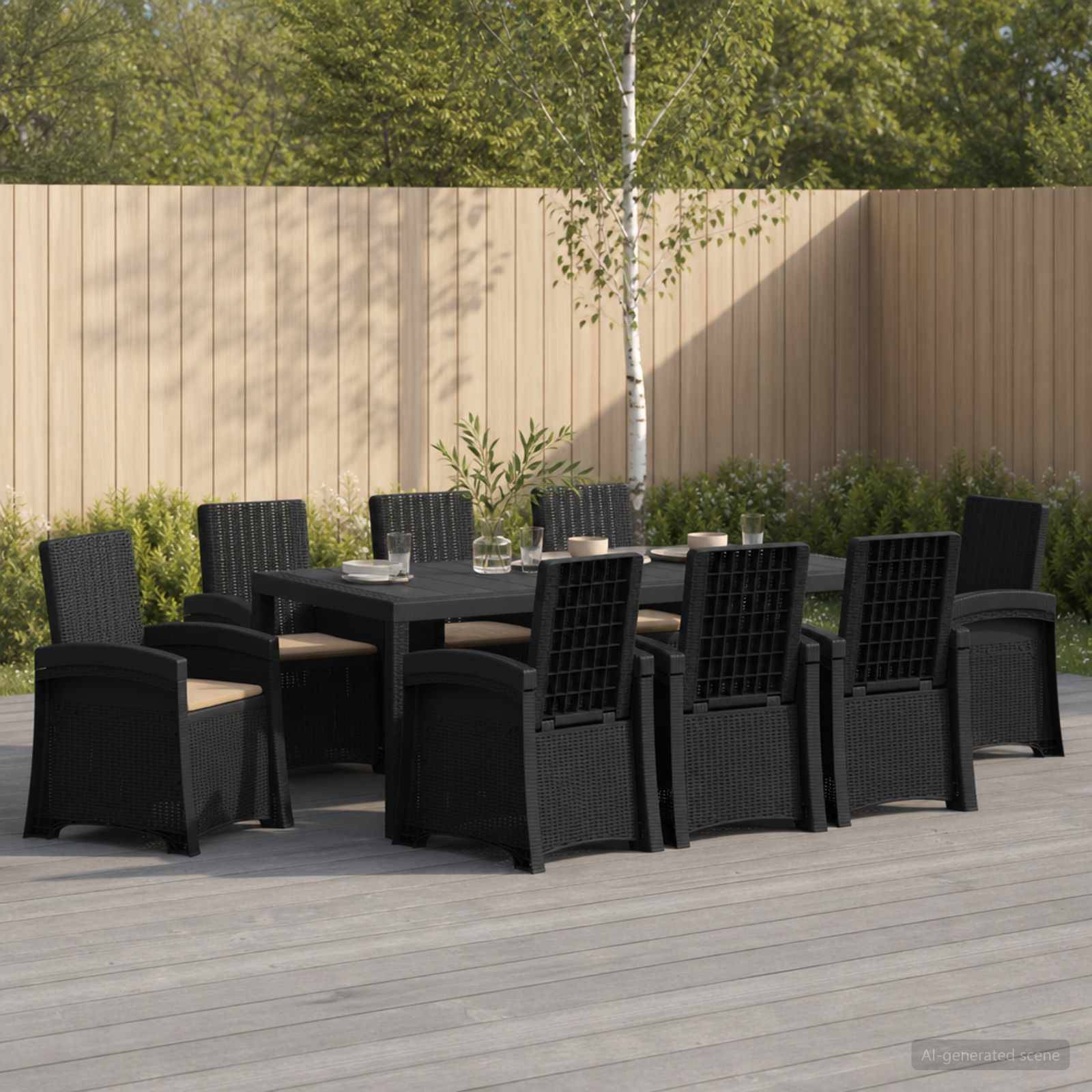 Gartenset für die Terrasse mit schwarzem Flechtwerk-Tisch und acht Stühlen auf einem Holzbelag neben einem beigen Zaun und Grünflächen.