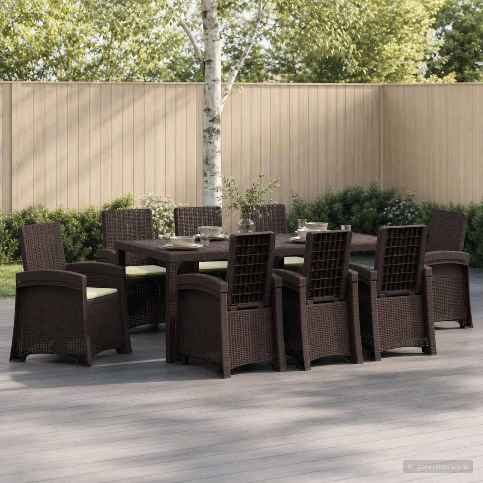 Outdoor-Terrasse mit dunklem Korbgeflecht-Esstisch und acht Stühlen auf einer Holzterrasse neben einem beige Zaun und Bäumen.