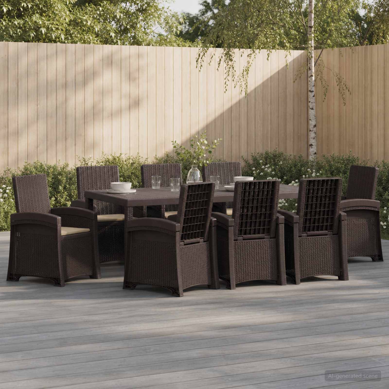 Esszimmer-Set für die Terrasse mit acht dunkelbraunen Korbstühlen um einen quadratischen Tisch auf einem Holzbelag, vor einem Zaun und Grünflächen.