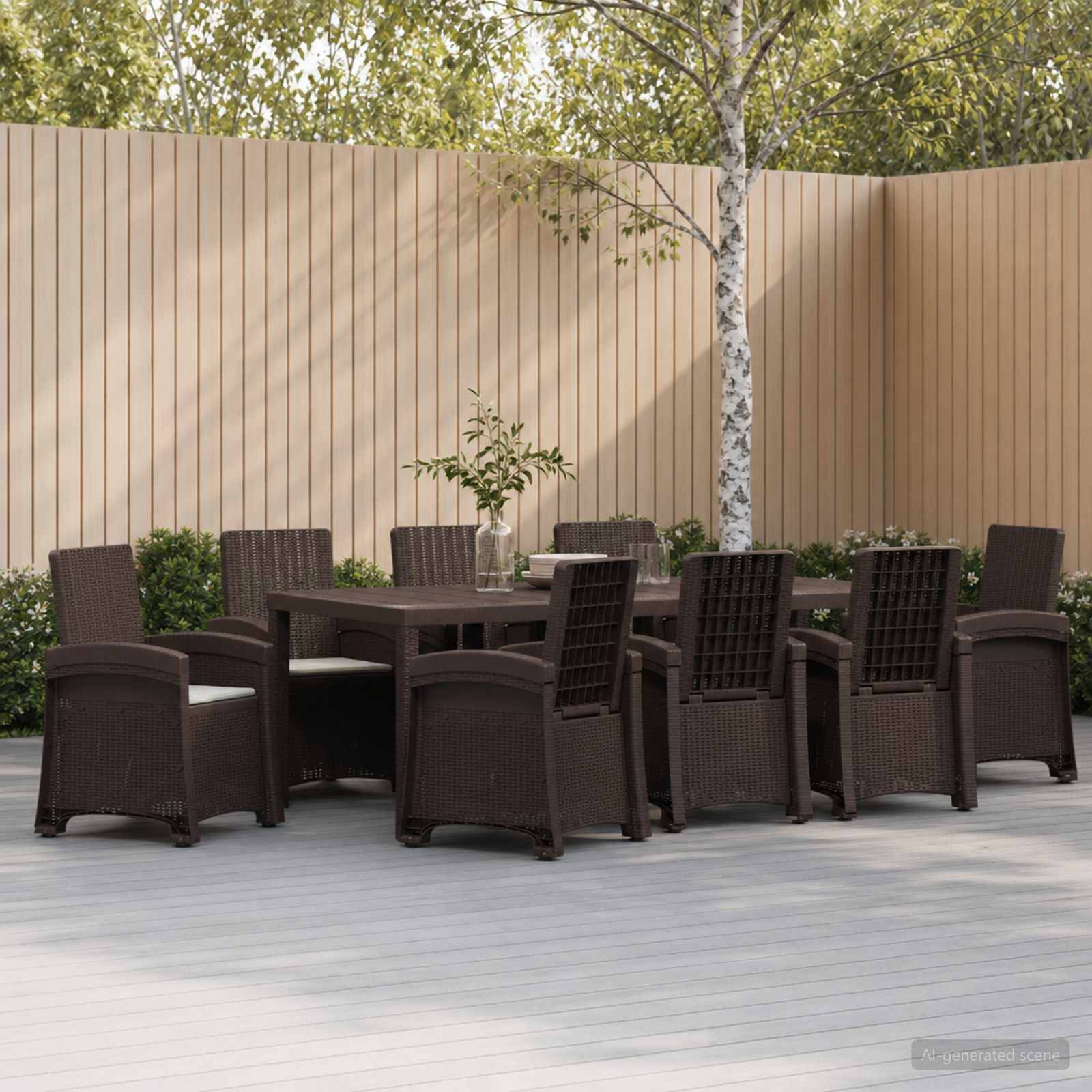 Outdoor-Terrasse mit dunklem Polyrattan-Esstisch und acht Stühlen auf einer Holzterrasse neben einem beigen Sichtschutzzaun und einem Baum.