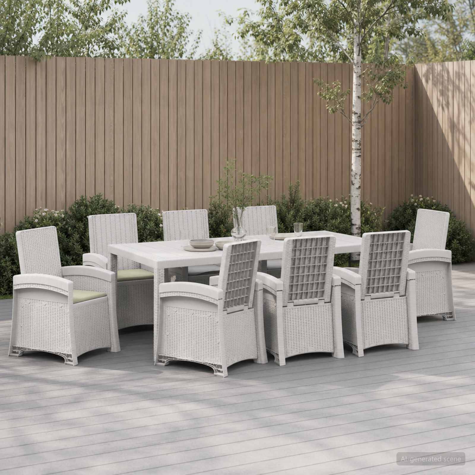 Esszimmergarnitur für die Terrasse mit acht weißen Rattanstil-Stühlen um einen weißen rechteckigen Tisch auf einer grauen Terrasse, vor einem Holzzaun und Sträuchern.
