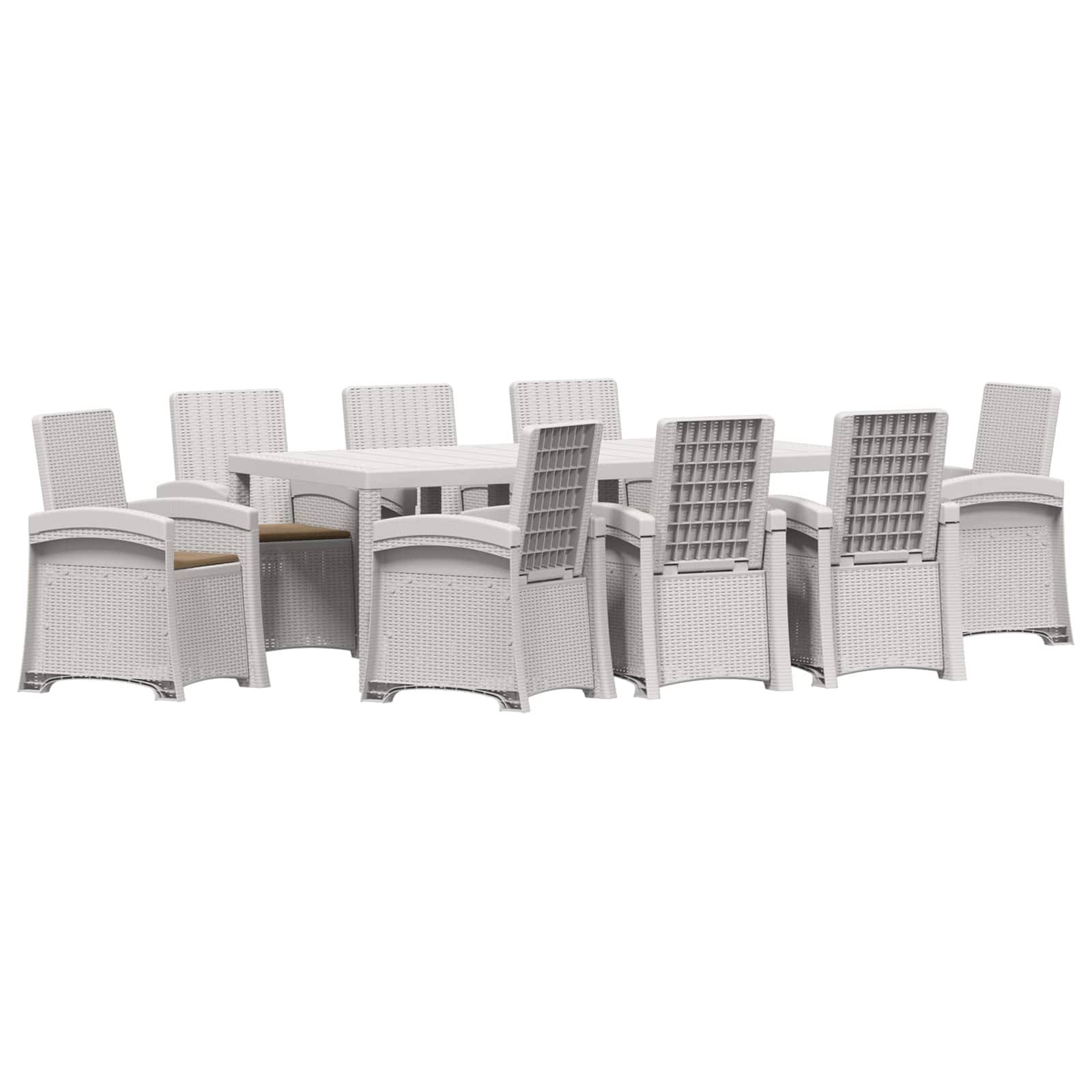 Gartenmöbel-Set mit einem rechteckigen Tisch und acht geflochtenen Stühlen, dargestellt in Weiß/Grau auf einem einfachen Hintergrund.