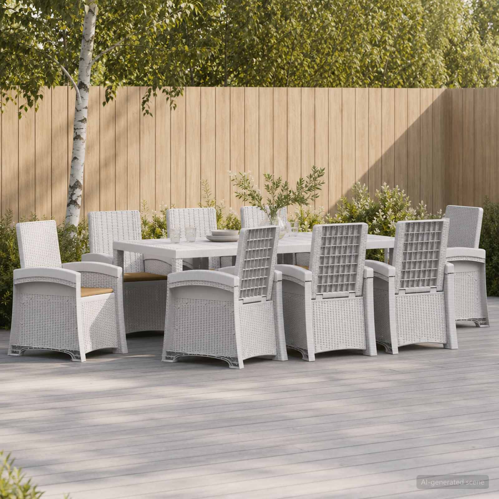 Gartenmöbel-Set für die Terrasse mit acht weißen Rattanstühlen um einen runden Tisch auf einem Holzdeck neben einem Sichtschutzzaun und Bäumen