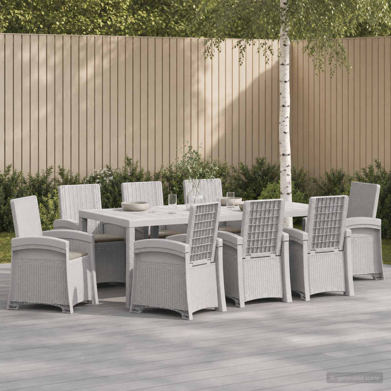 Esszimmer-Garnitur für den Außenbereich mit rechteckigem Tisch und acht geflochtenen Stühlen in einer modernen Gartenumgebung.