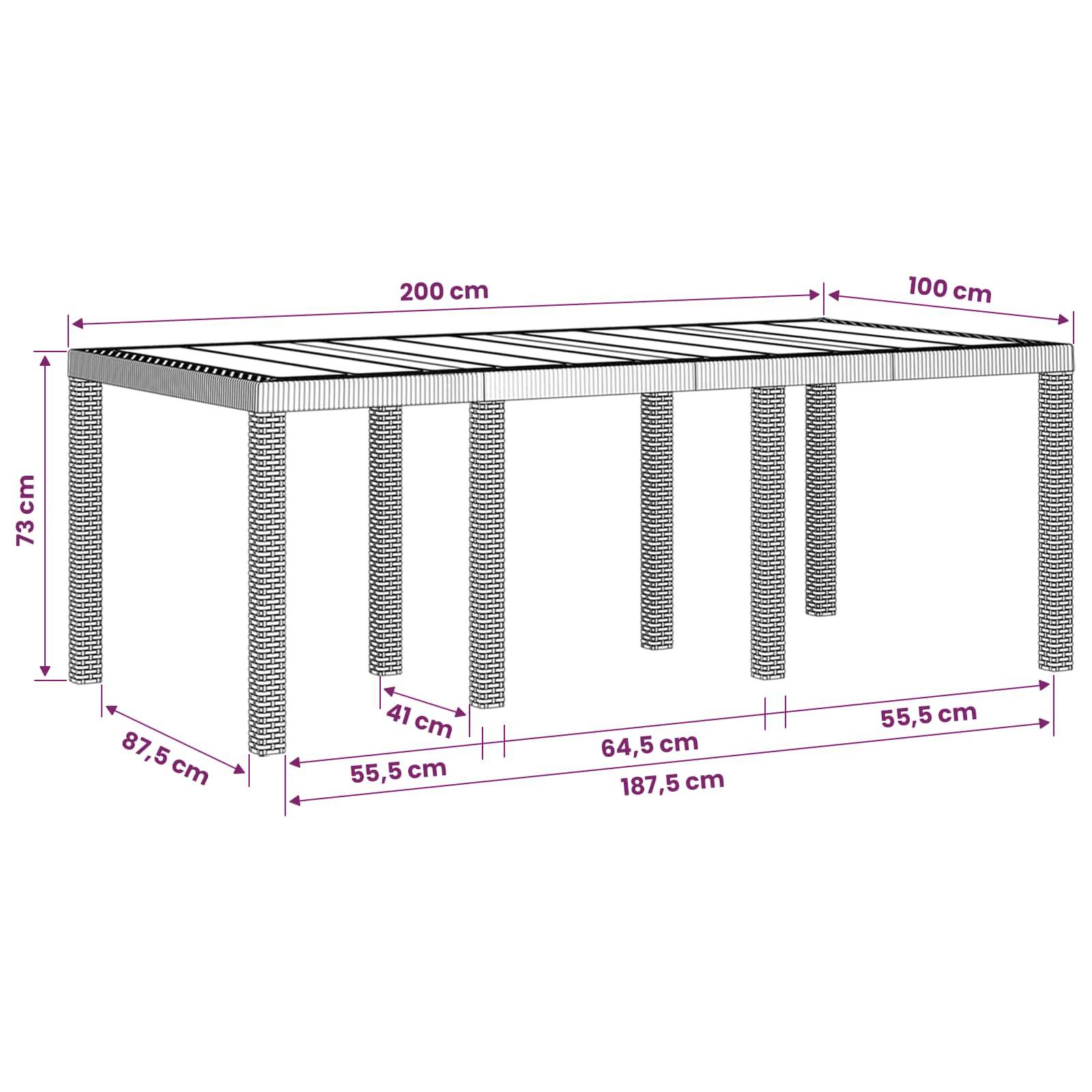 Maßstabgetreue Zeichnung einer rechteckigen Pergola mit einer Gesamtgröße von 200 cm mal 100 cm, 73 cm Höhe, mit gekennzeichneten Pfostenabständen und Basismessungen.