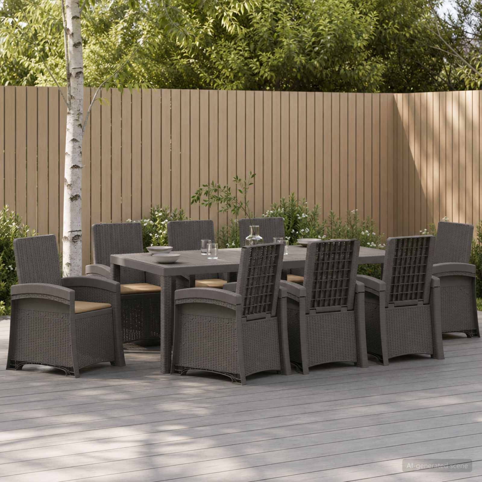 Essbereich auf der Terrasse mit acht Korbstühlen um einen rechteckigen Tisch auf einer Holzterrasse, neben einem Holzzaun und Bäumen.