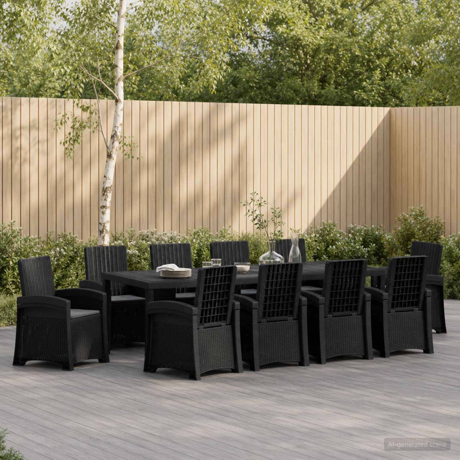 Außengartenmöbel-Essgruppe mit schwarzen geflochtenen Stühlen um einen rechteckigen Tisch auf einer Holzterrasse, neben einem Holzzaun und Begrünung.