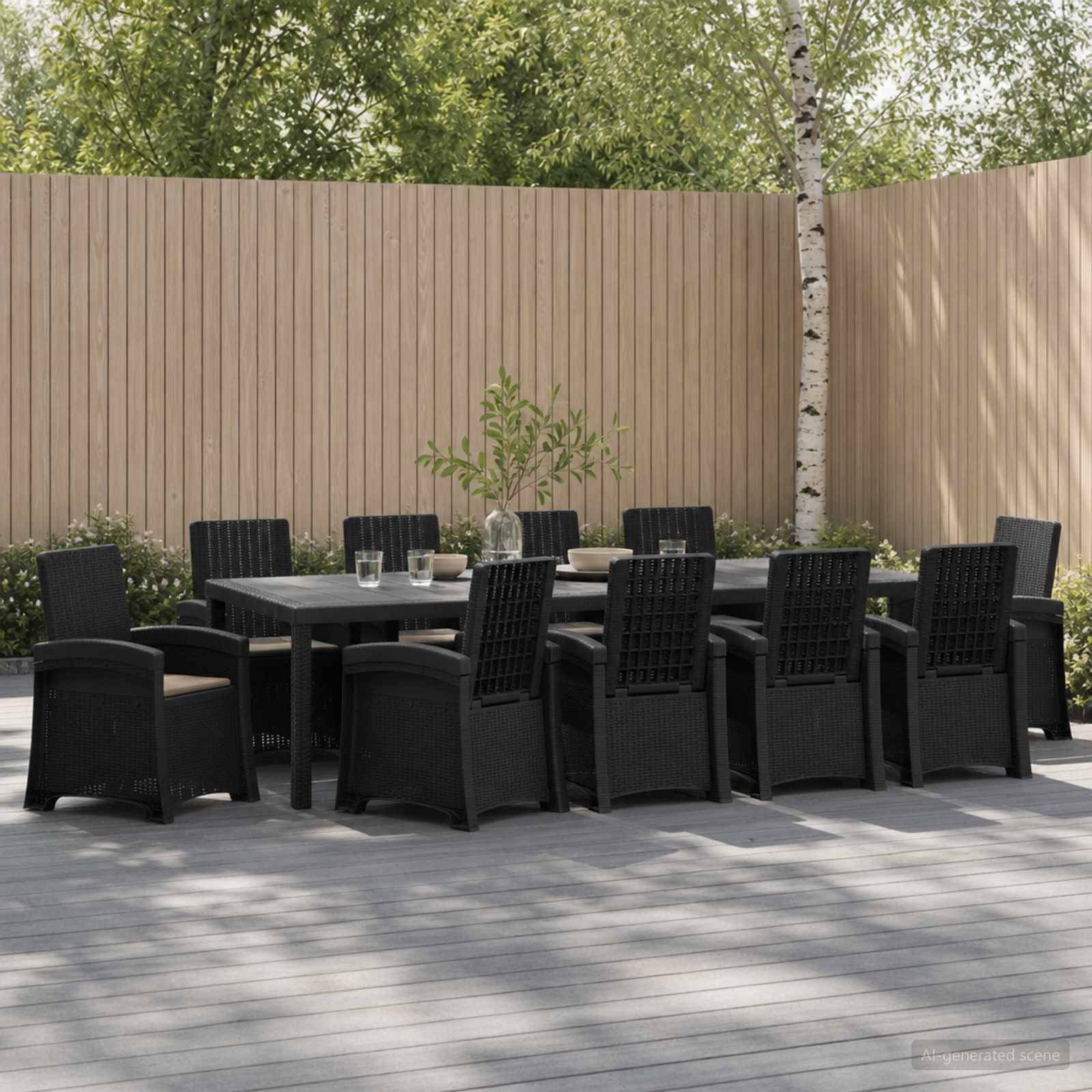 Essbereich im Freien mit schwarzem rechteckigem Tisch und mehreren schwarzen Stühlen auf einer gepflasterten Terrasse vor einem Holz-Sichtschutzzaun und Bäumen.