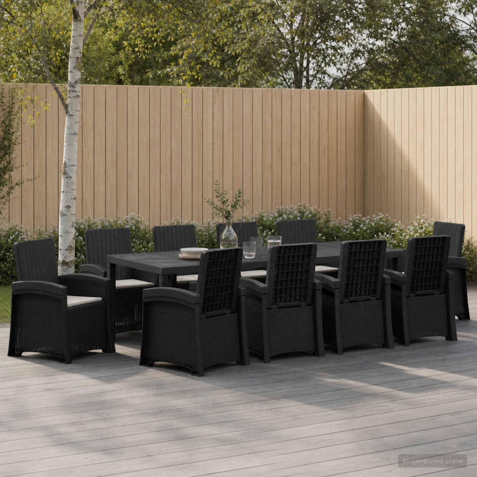 Essplatz im Freien mit schwarzen Rattanstühlen und rechteckigem Tisch auf einer Holzterrasse neben einem Sichtschutzzaun und Grünflächen.