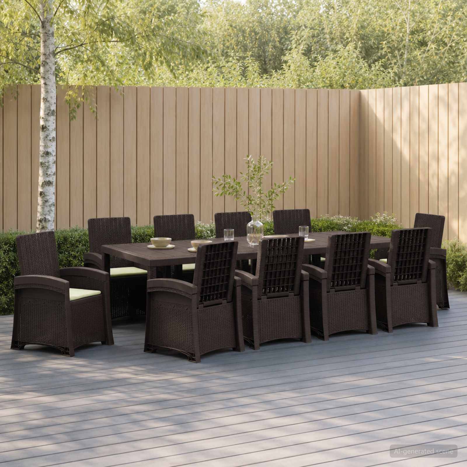 Outdoor-Terrasse mit einem rechteckigen Esstisch, zehn dunklen Korbstühlen und einer Topfpflanze vor einem Holzzaun und Bäumen.