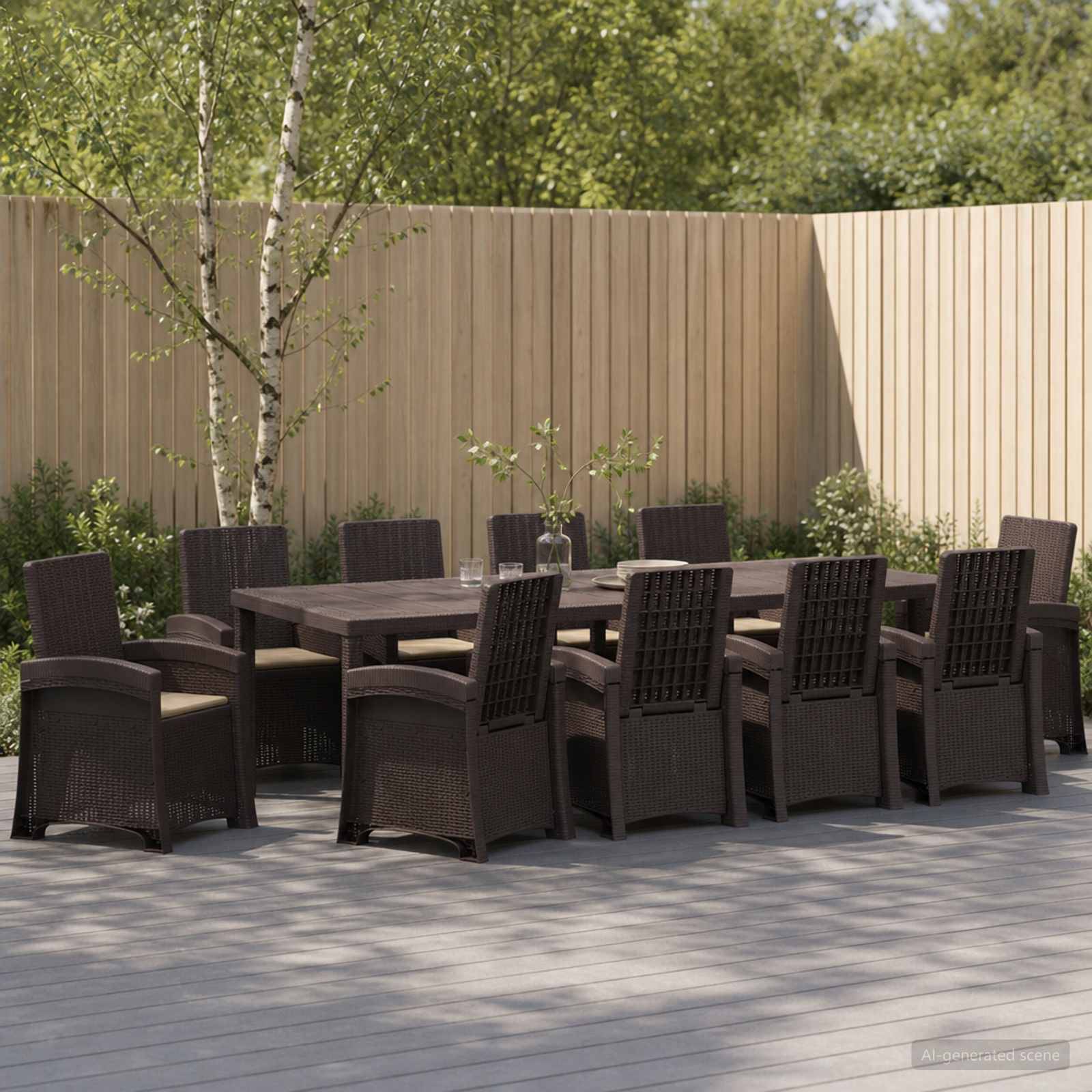 Essbereich im Freien mit großem rechteckigem Tisch und acht Korbstühlen auf einer gepflasterten Terrasse neben einem Holz-Sichtschutzzaun und Bäumen.
