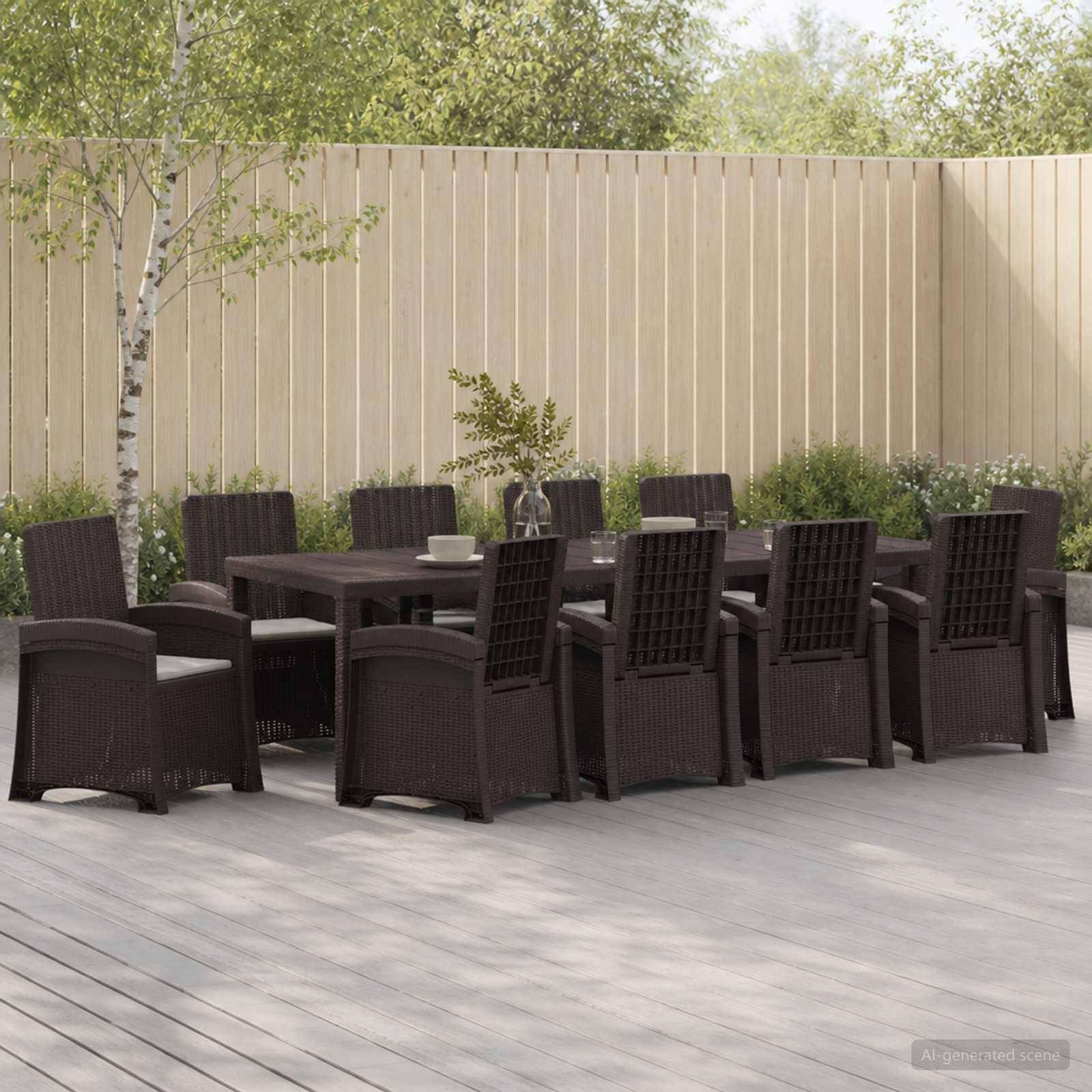 Terrasse im Freien mit einem langen Esstisch und acht dunklen Korbstühlen auf einem hellen Deck, vor einem beigen Zaun und Grünflächen.