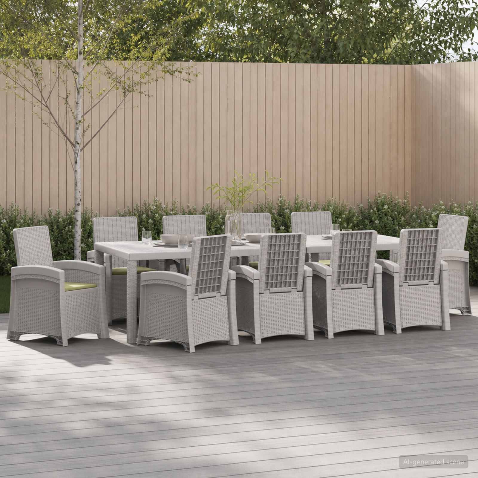 Esszimmergruppe für den Außenbereich mit rechteckigem Tisch, acht geflochtenen Stühlen und einem Sessel auf einer Terrasse neben einem Sichtschutz und Bäumen.