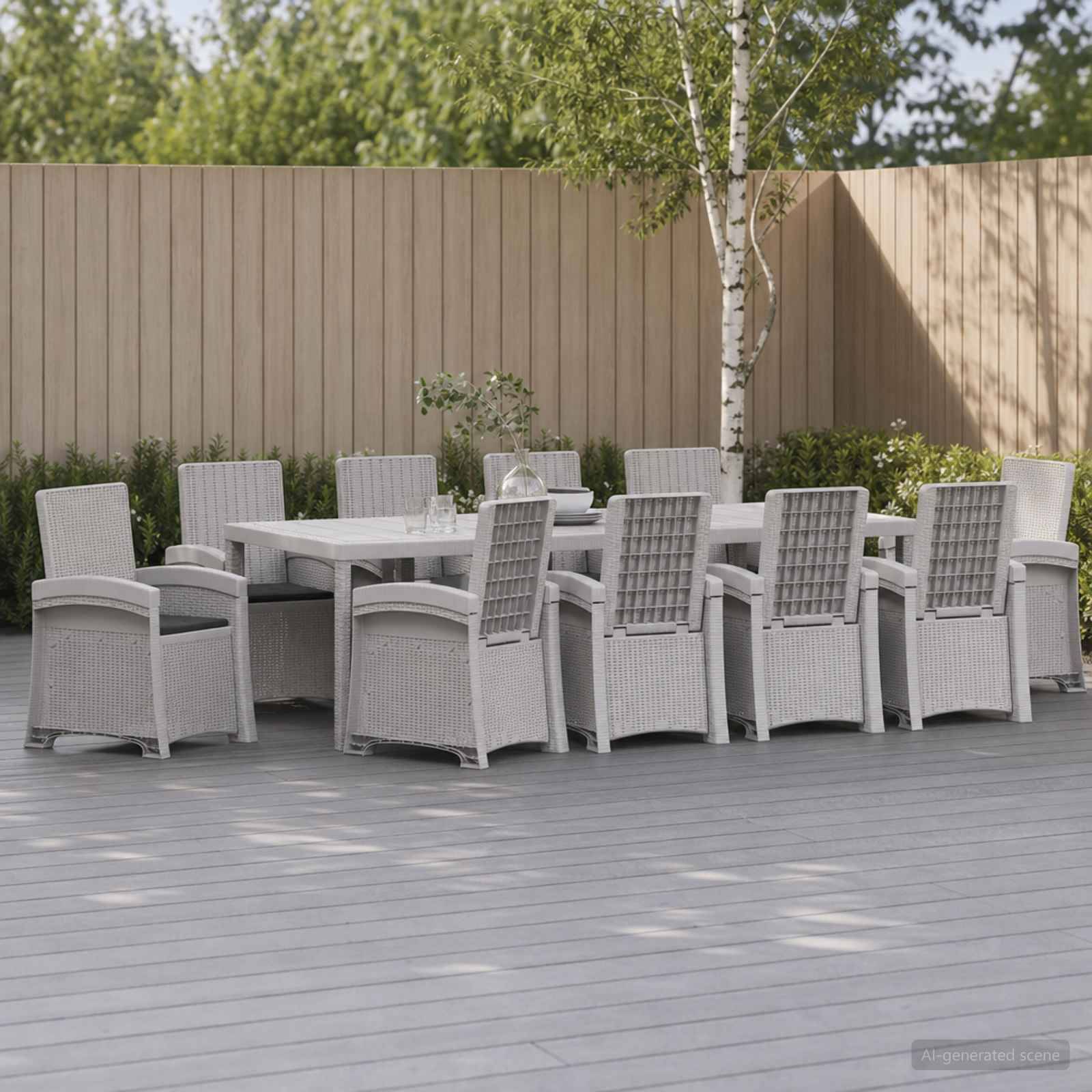 Outdoor-Terrasse mit einem großen weißen Esstisch, umgeben von Korbstühlen auf einer grauen Terrasse, neben einem Holzzaun und einer Birke.