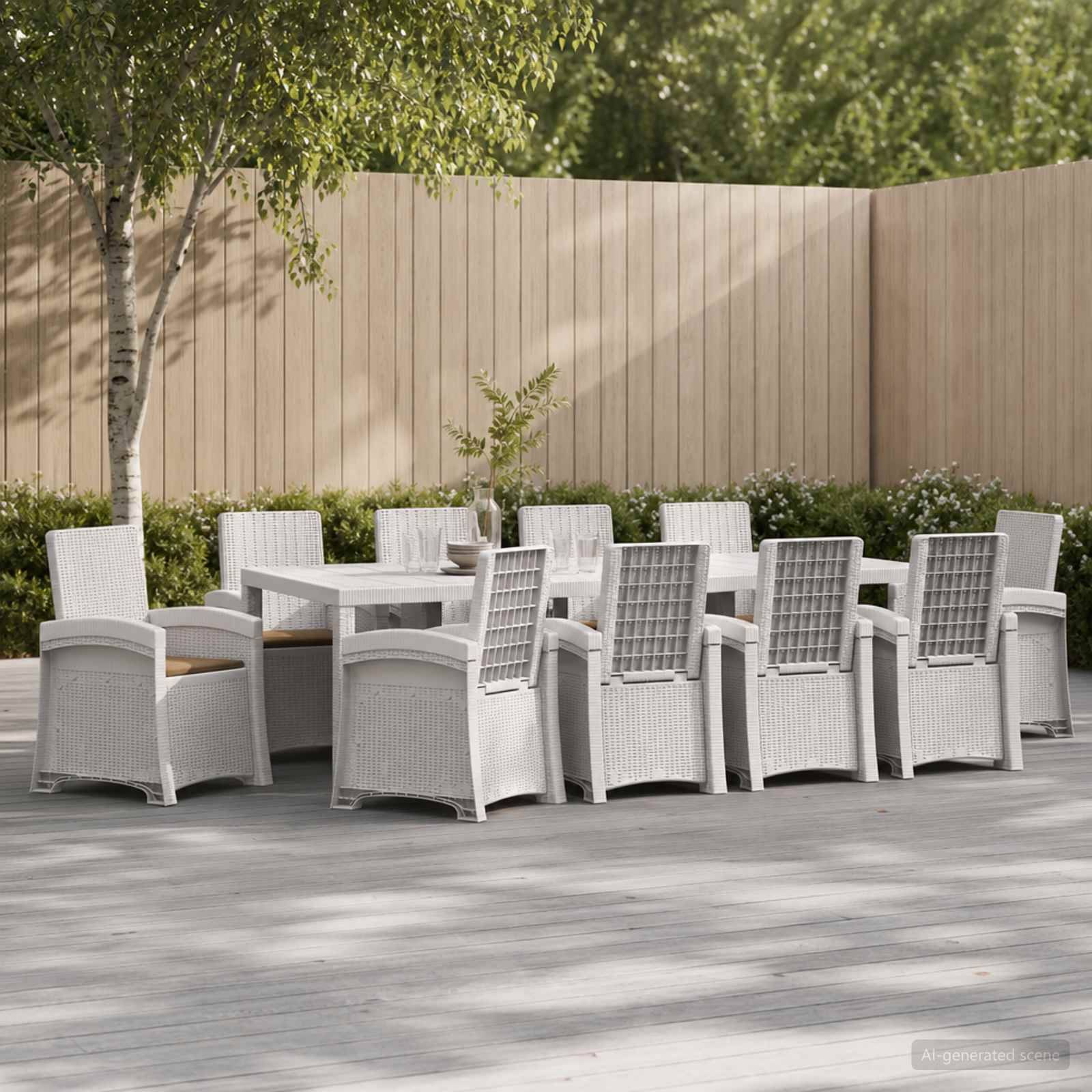 Essbereich auf der Terrasse mit weißen Korbstühlen um einen rechteckigen Tisch auf einem Holzbelag, neben einem Zaun und Bäumen.