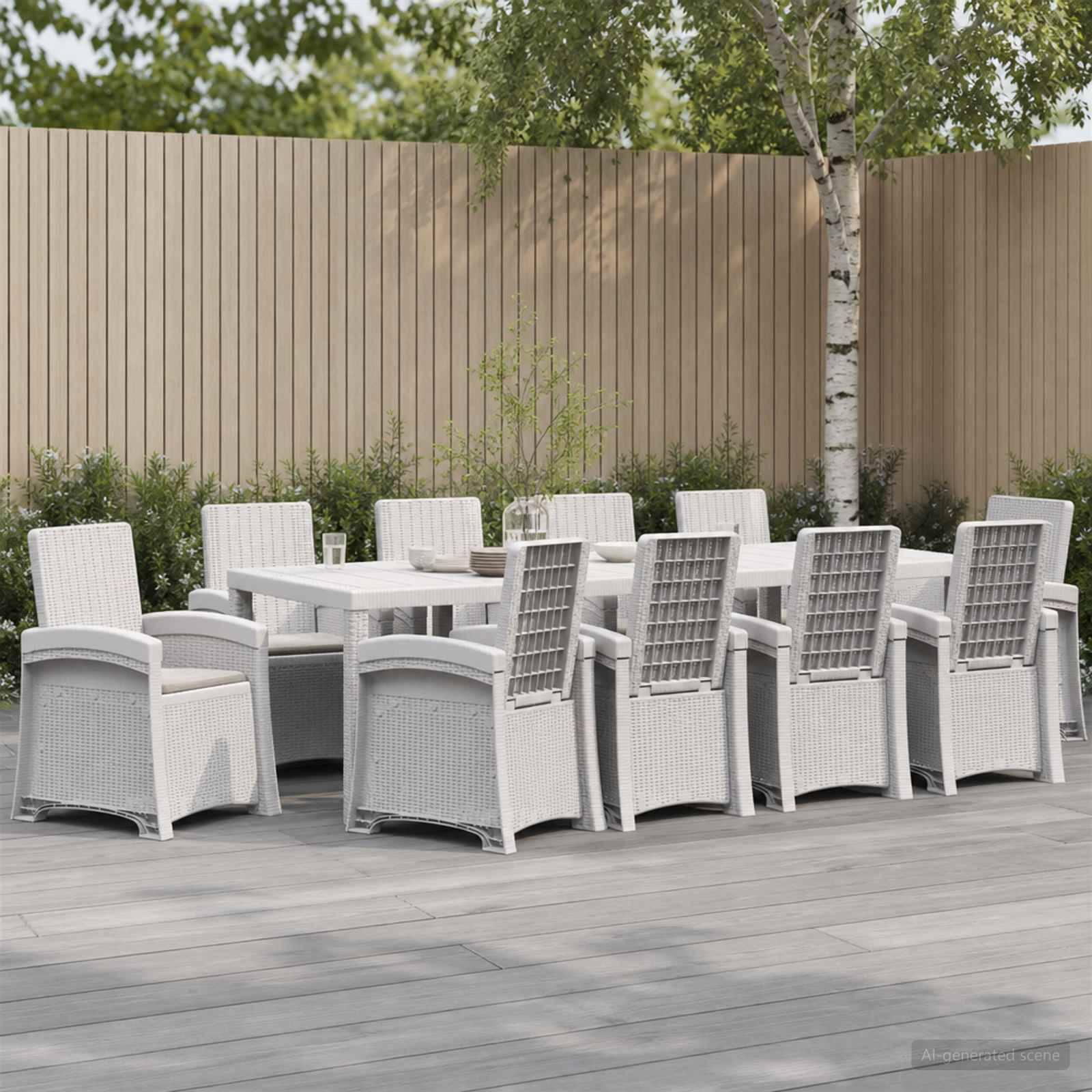 Esszimmer-Set für die Terrasse mit einem langen weißen Tisch, acht weißen geflochtenen Stühlen und einem Schirmloch, angebracht auf einer Terrasse vor einem Holzzaun und Bäumen.
