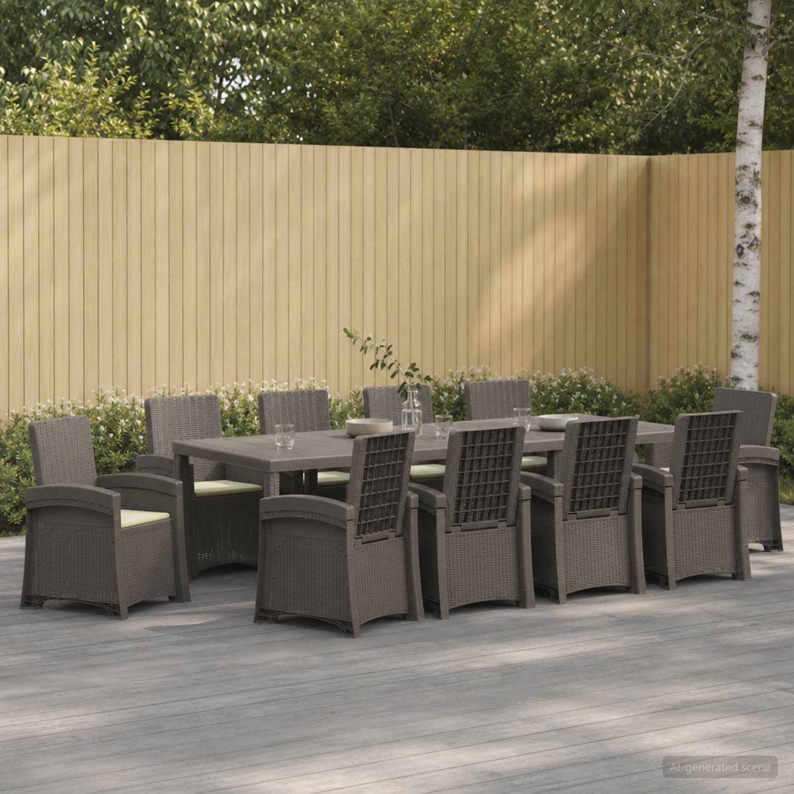 Gartenmöbel-Essgruppe mit rechteckigem Tisch und acht geflochtenen Stühlen auf einer Holzterrasse neben einem Zaun und Sträuchern.