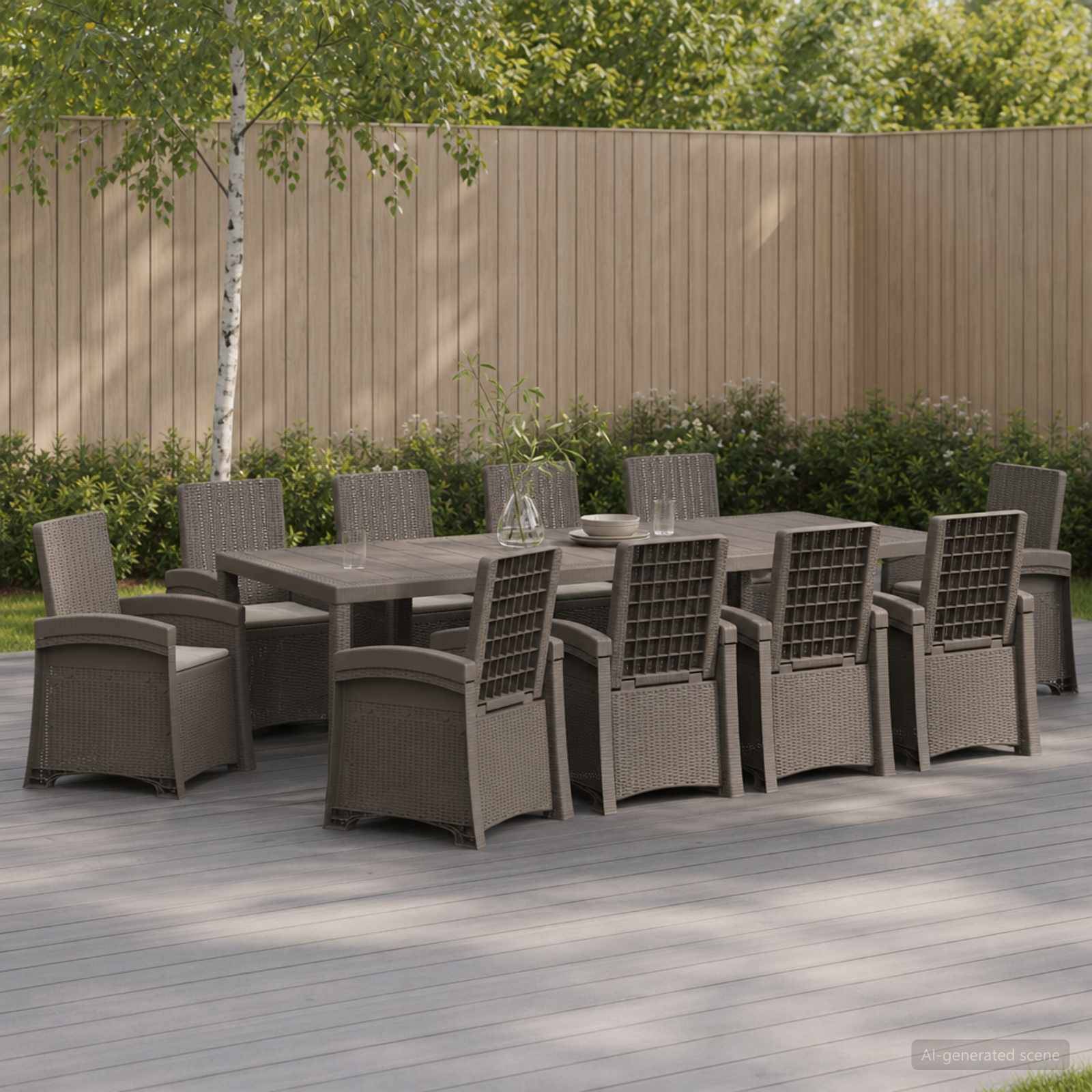 Esszimmer-Set für die Terrasse mit einem großen rechteckigen Tisch und acht geflochtenen Stühlen auf einem Holzbelag neben einem Zaun und Bäumen.