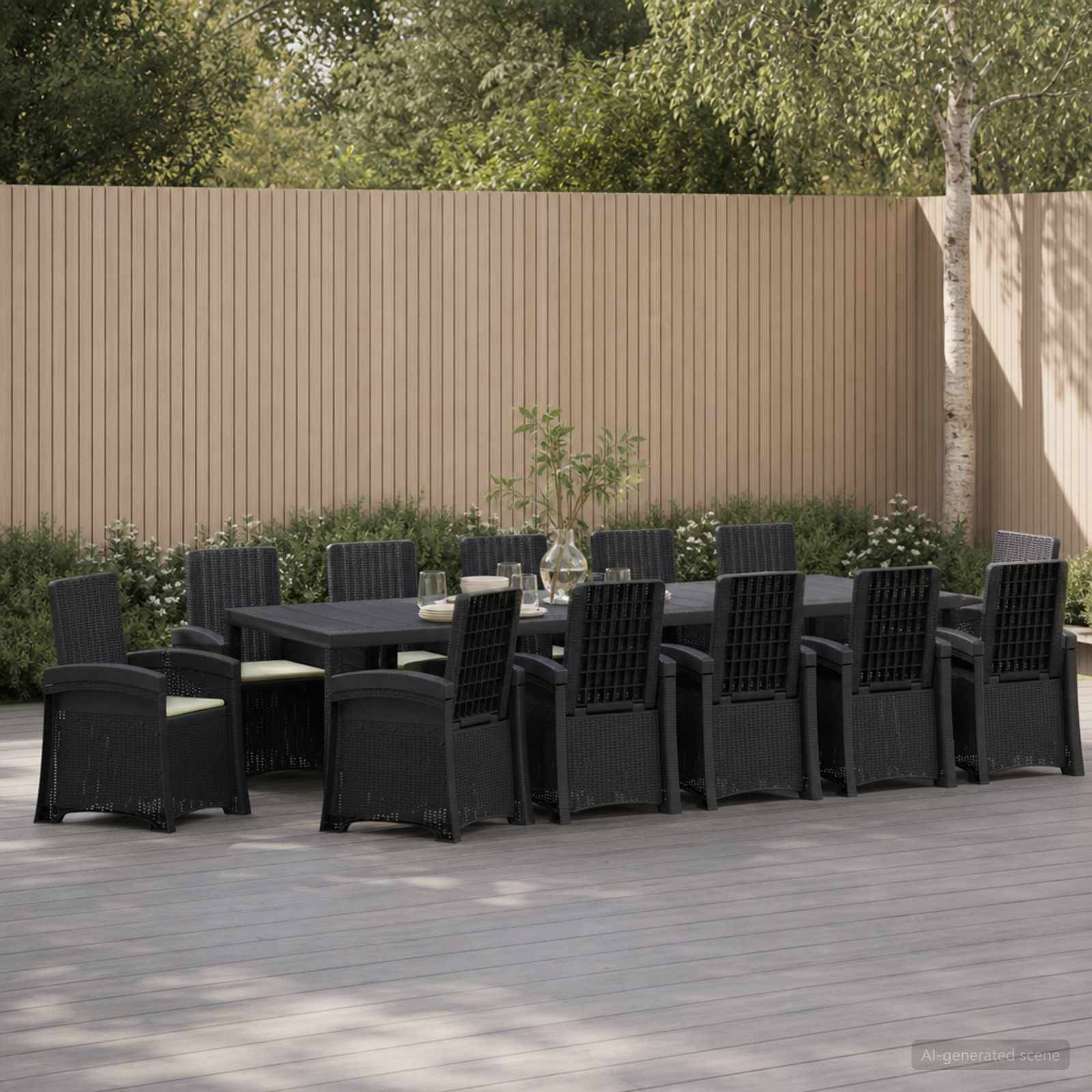 Outdoor-Terrassenspeiset mit einem langen schwarzen Tisch und mehreren schwarzen Stühlen auf einer Veranda neben einem Holz-Sichtschutzzaun und Bäumen.